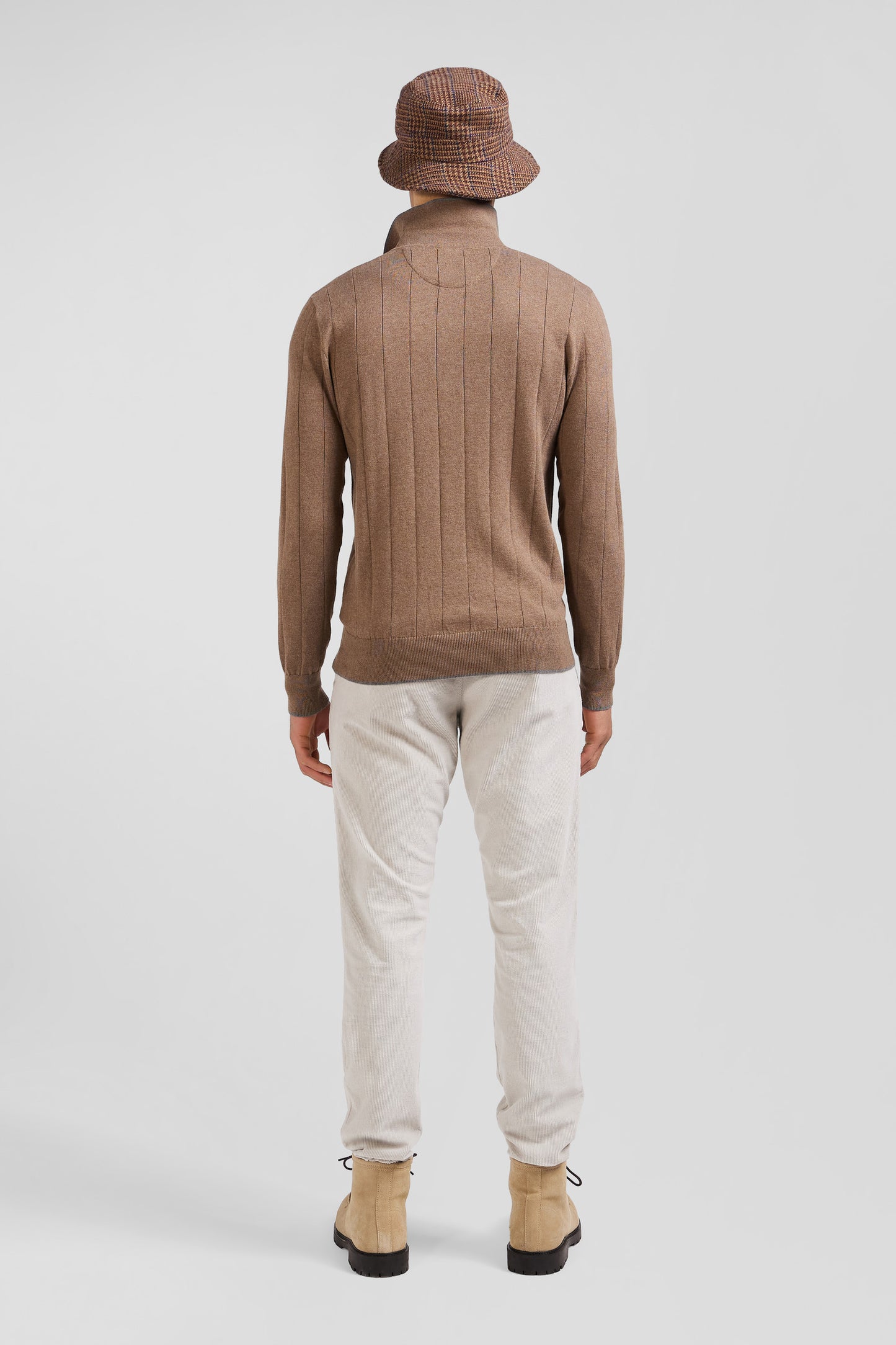 Regular brown cotton and cashmere jumper with rugby shirt collar