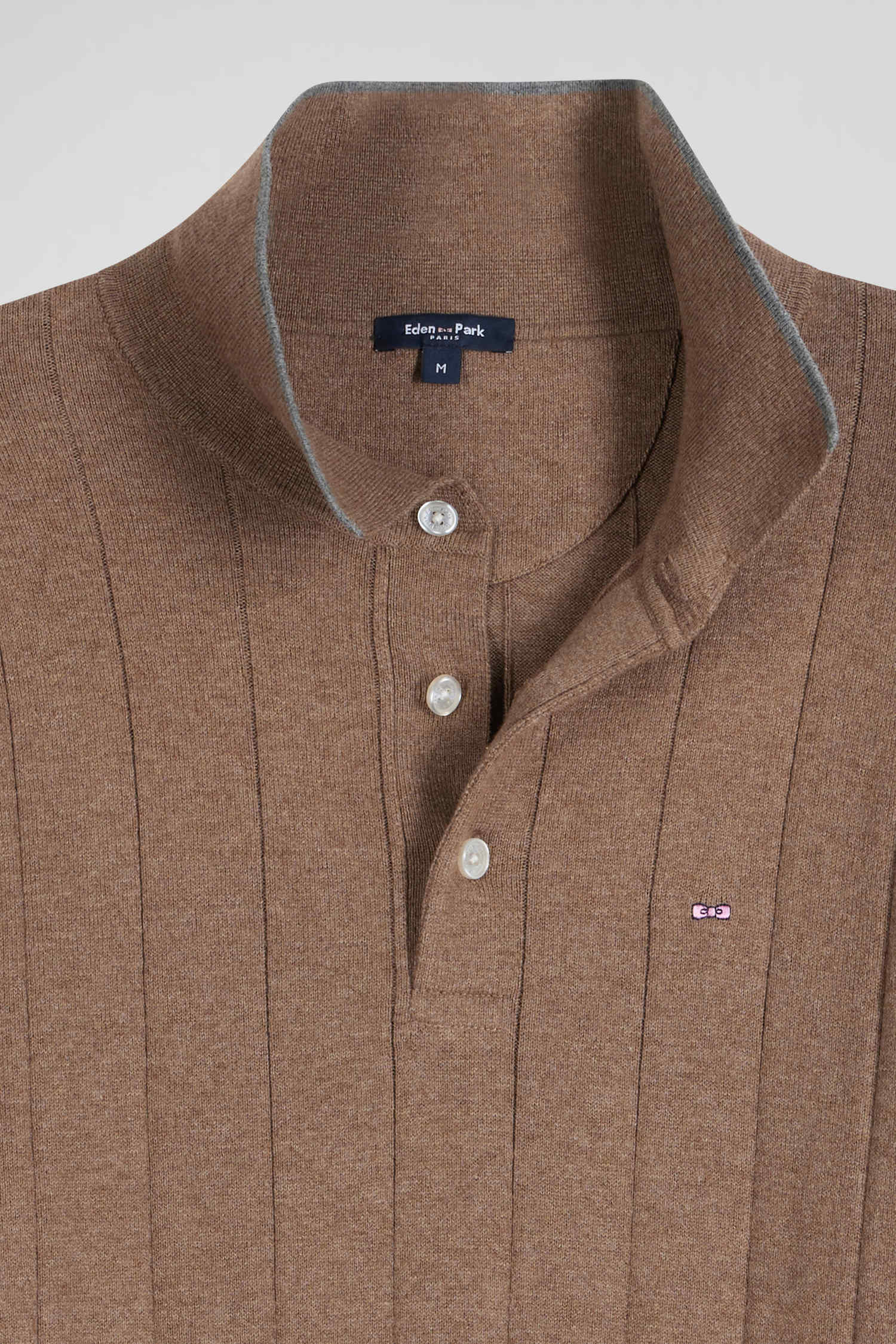 Regular brown cotton and cashmere jumper with rugby shirt collar