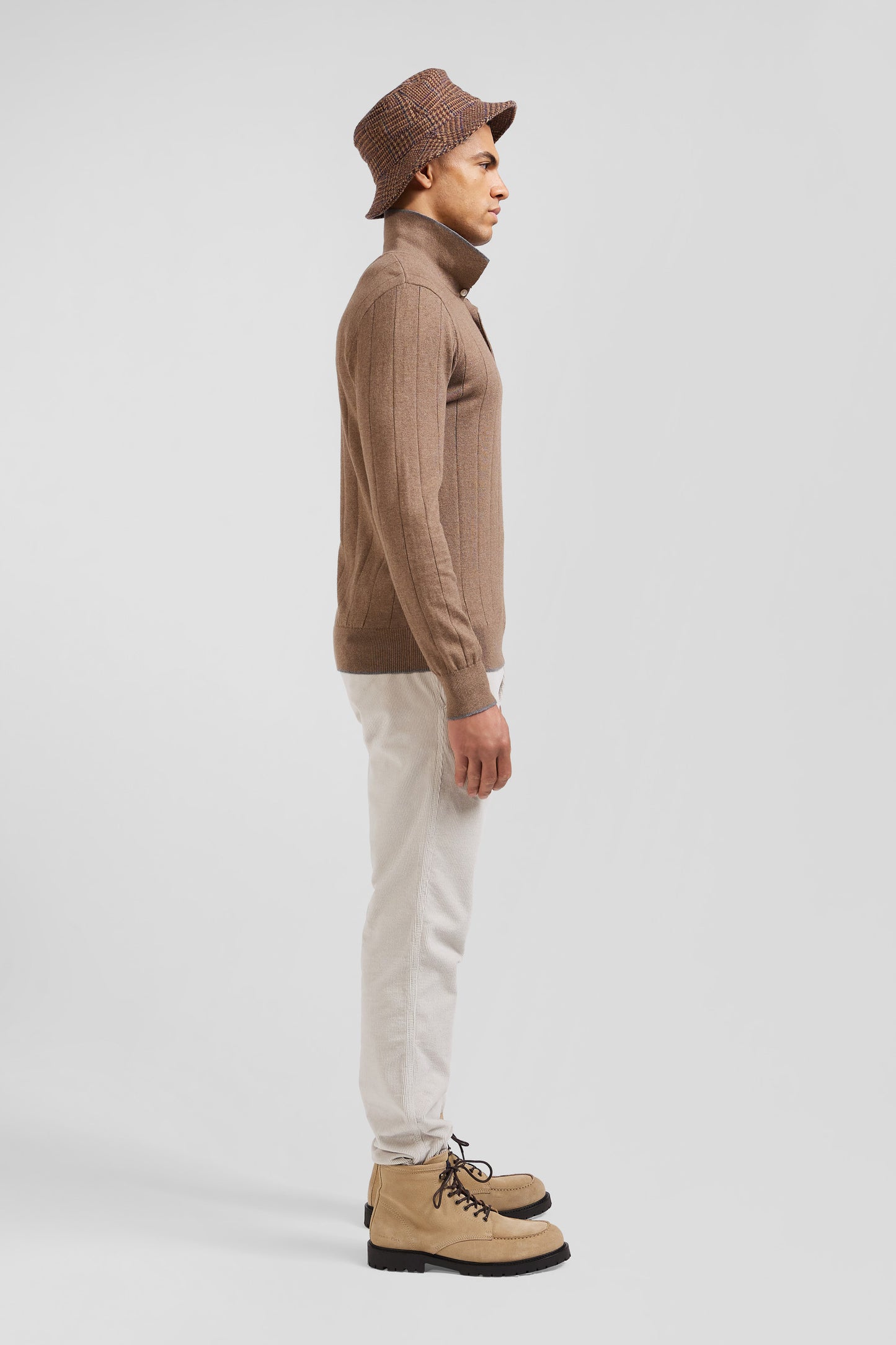 Regular brown cotton and cashmere jumper with rugby shirt collar