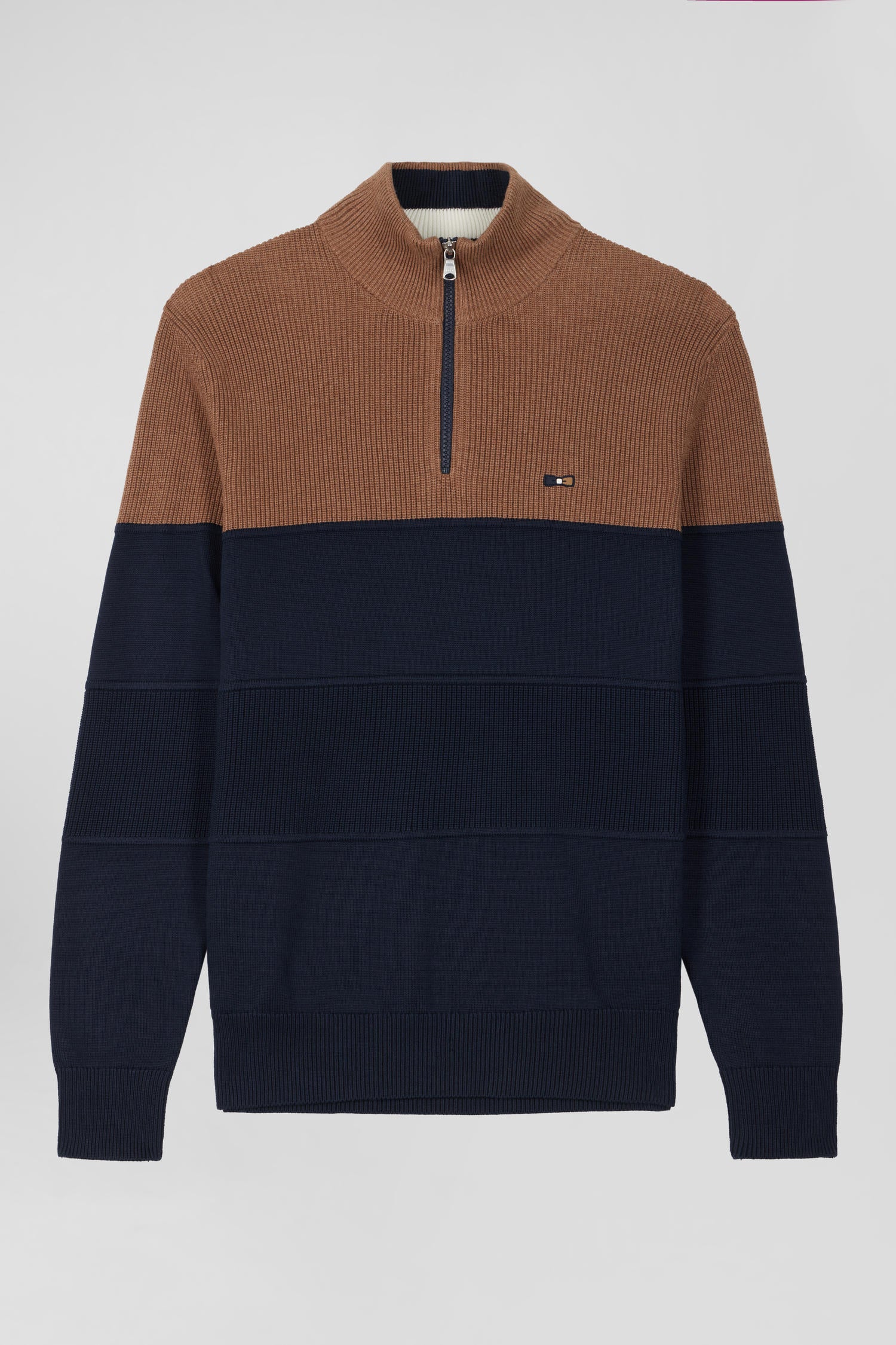 Regular camel cotton semi-zipped jumper with knit patterns