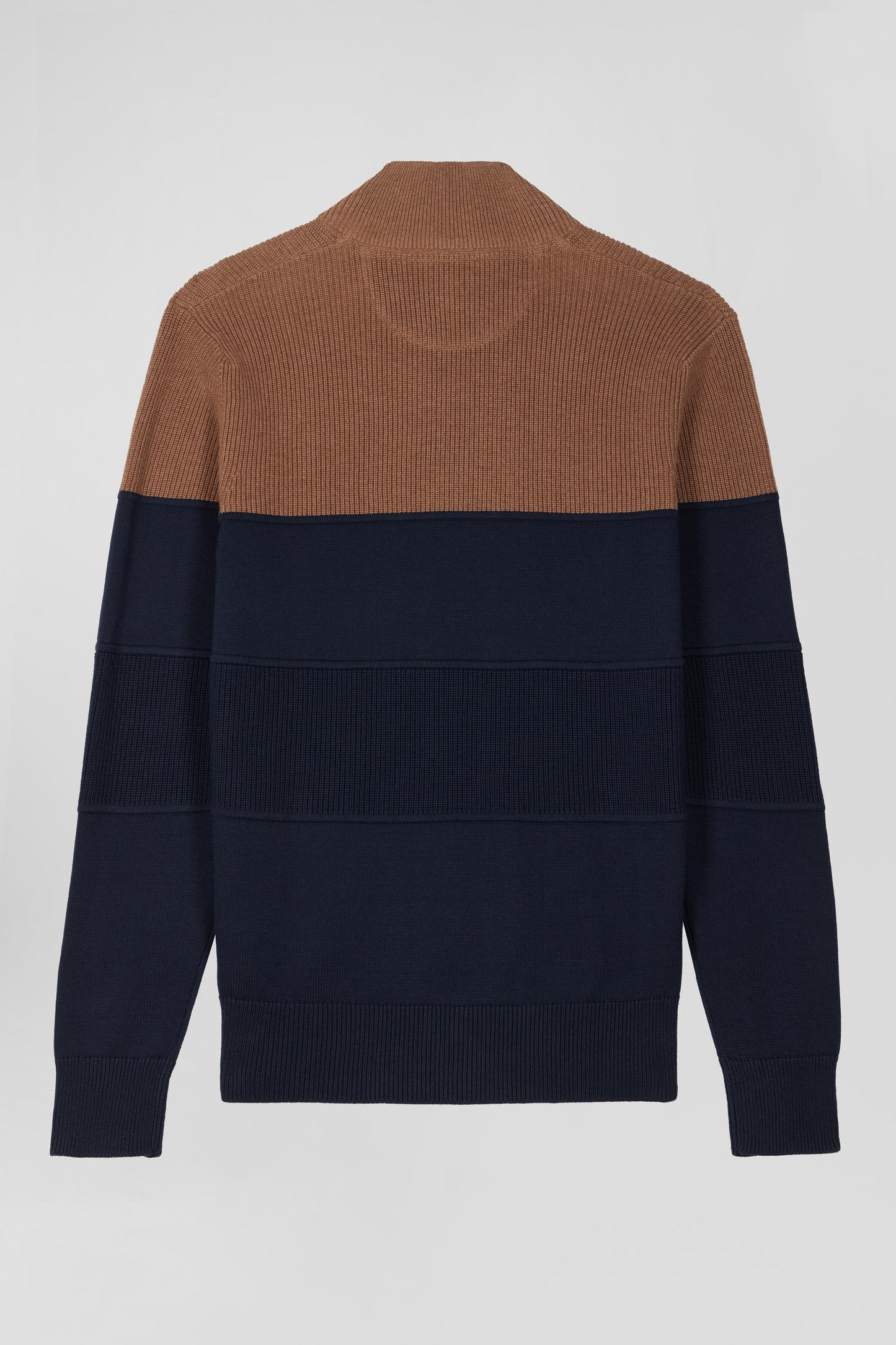 Regular camel cotton semi-zipped jumper with knit patterns