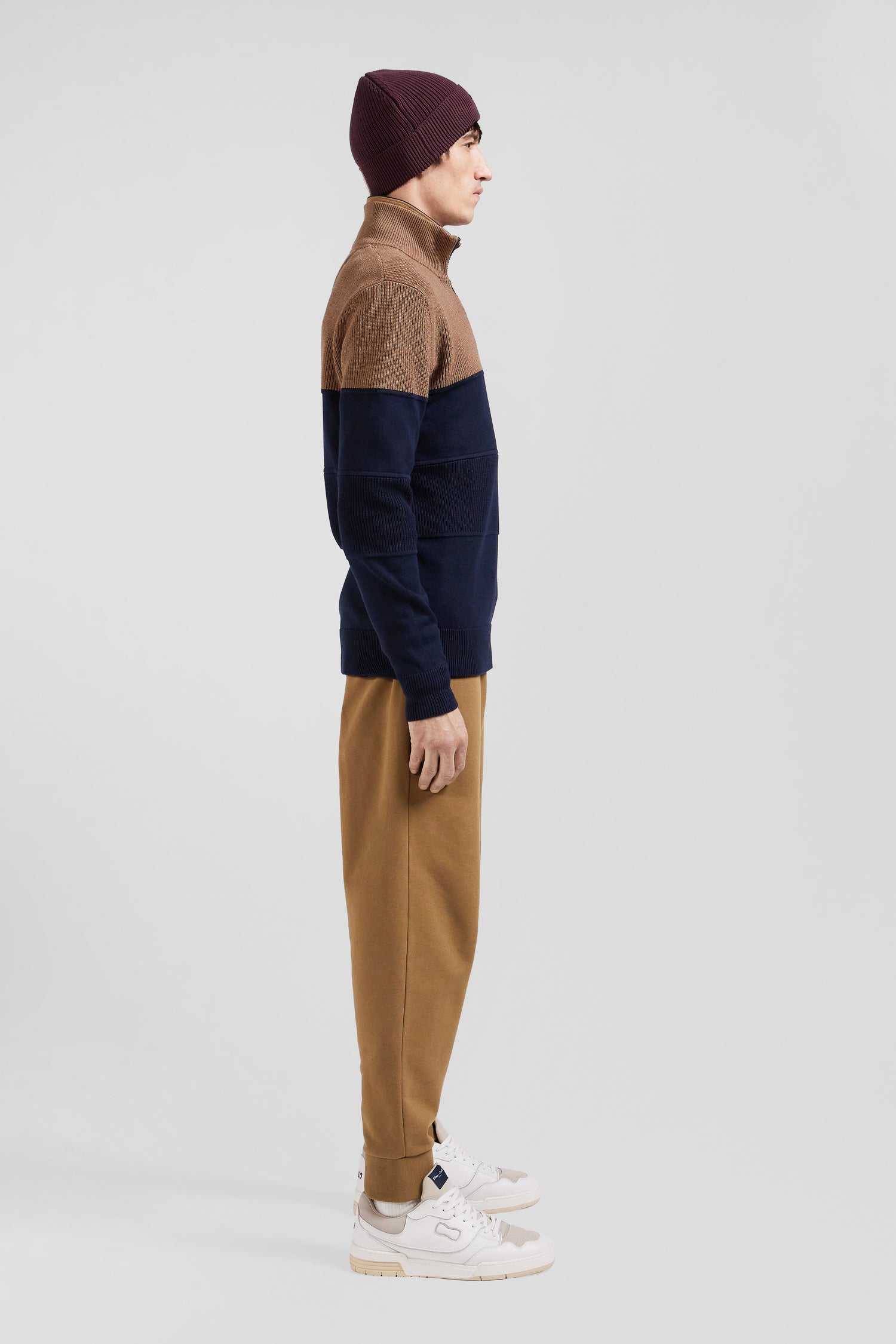 Regular camel cotton semi-zipped jumper with knit patterns