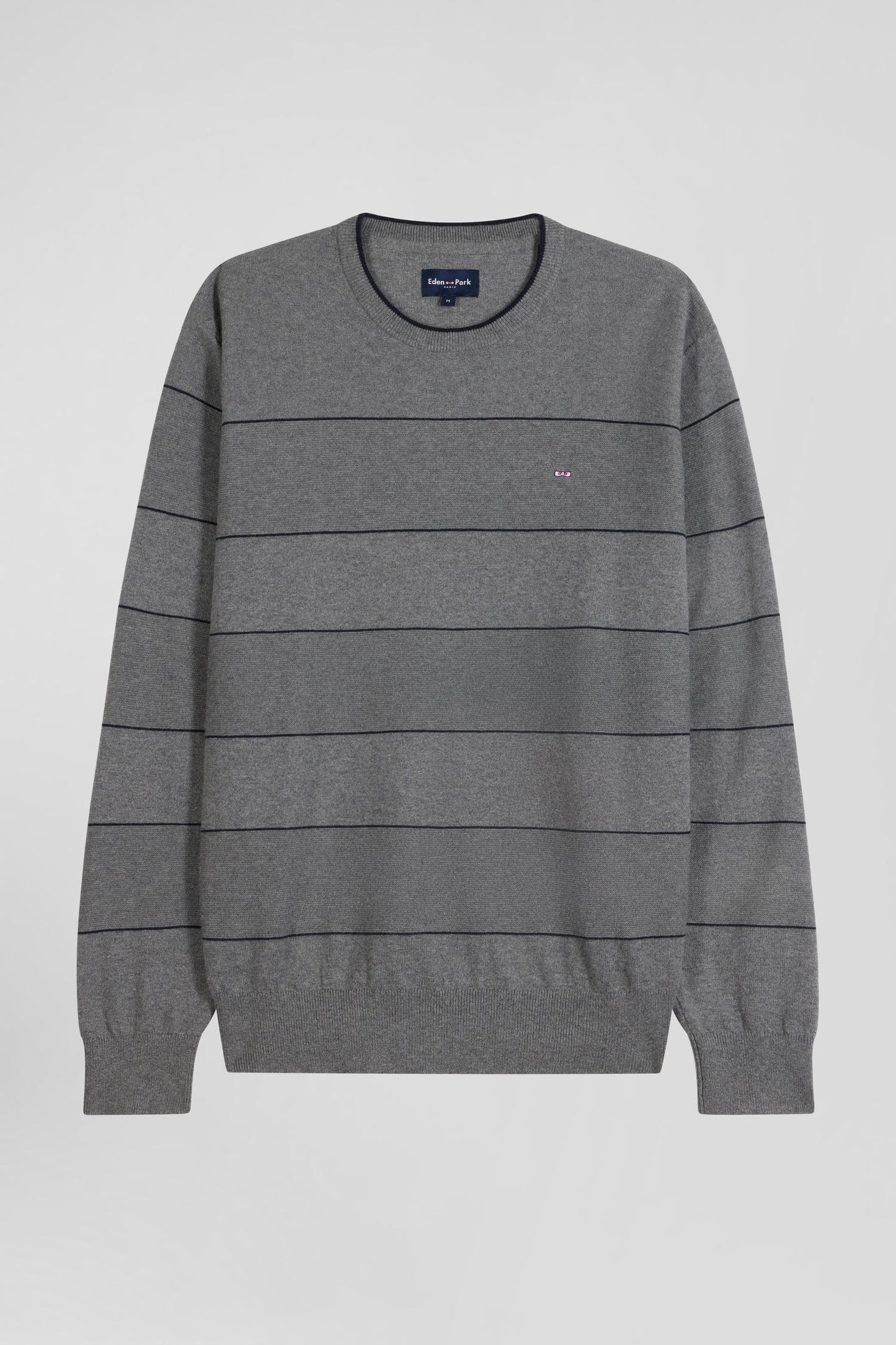 Regular grey striped cotton and cashmere crew neck jumper