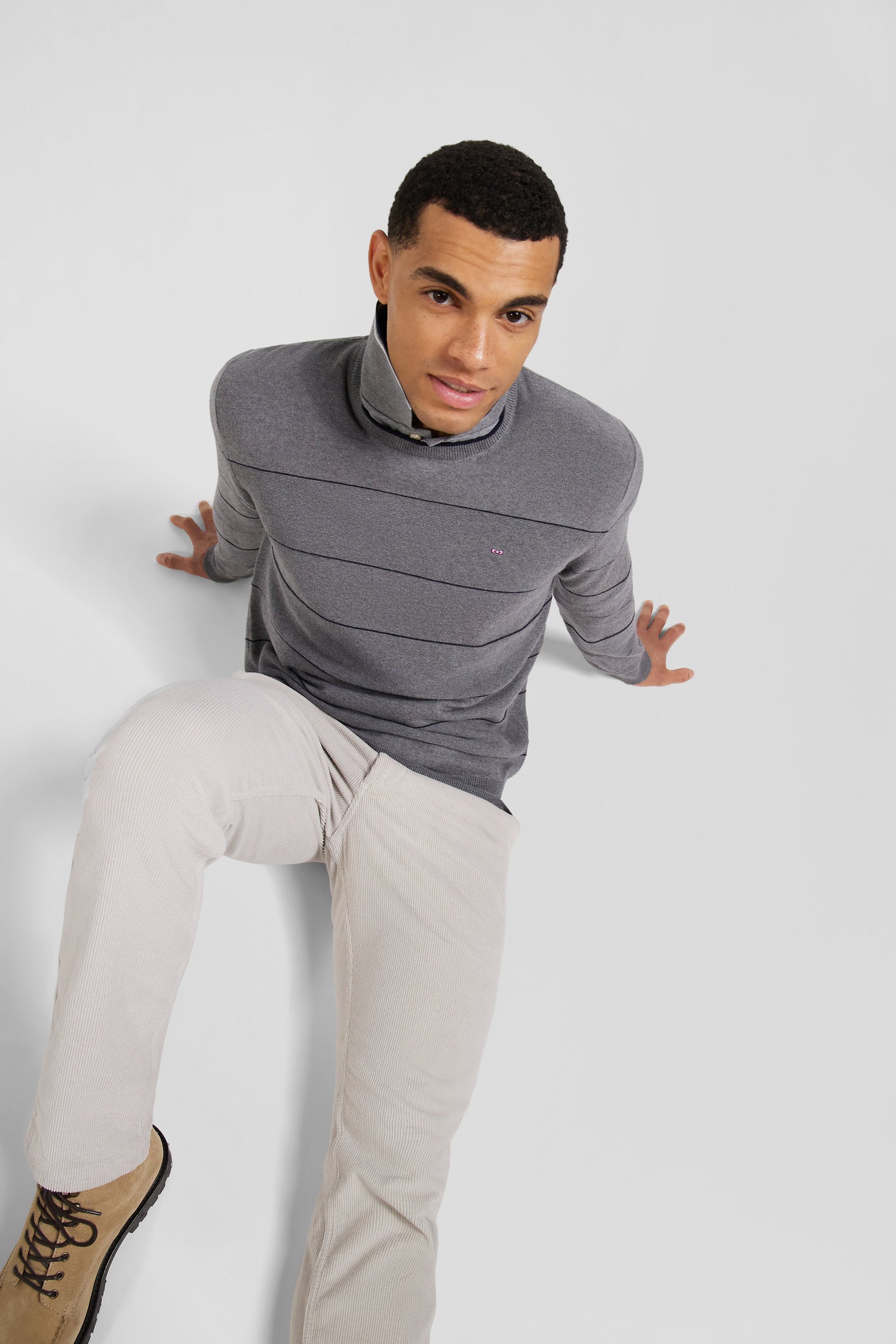 Regular grey striped cotton and cashmere crew neck jumper