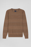 Pull col rond rayé en coton et cachemire marron coupe Regular