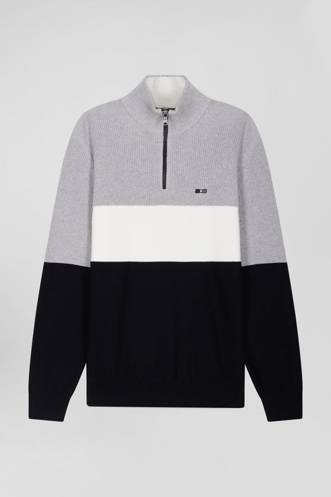 Pull col camionneur montant en coton gris à jeux de maille coupe Regular - Image 2