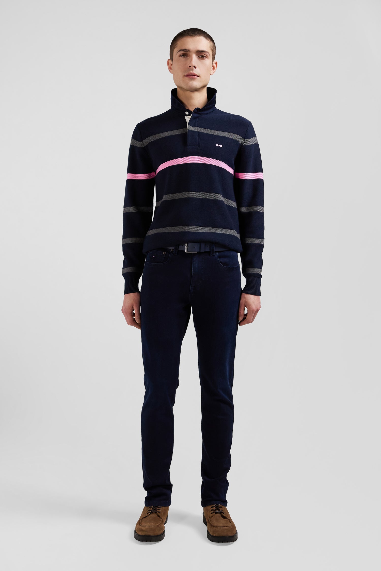 Regular navy blue striped cotton polo neck jumper