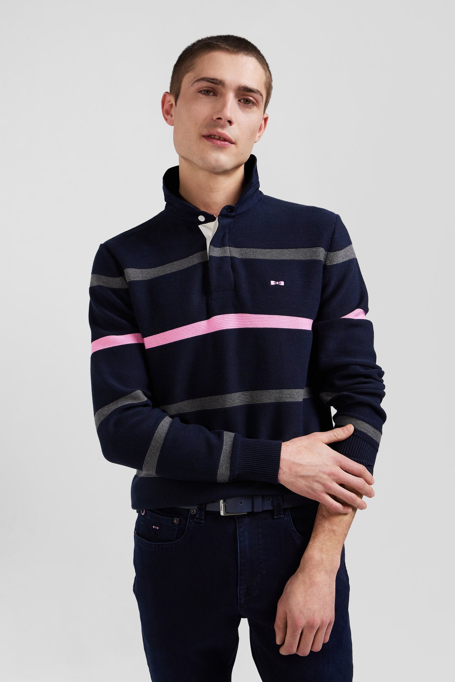 Regular navy blue striped cotton polo neck jumper