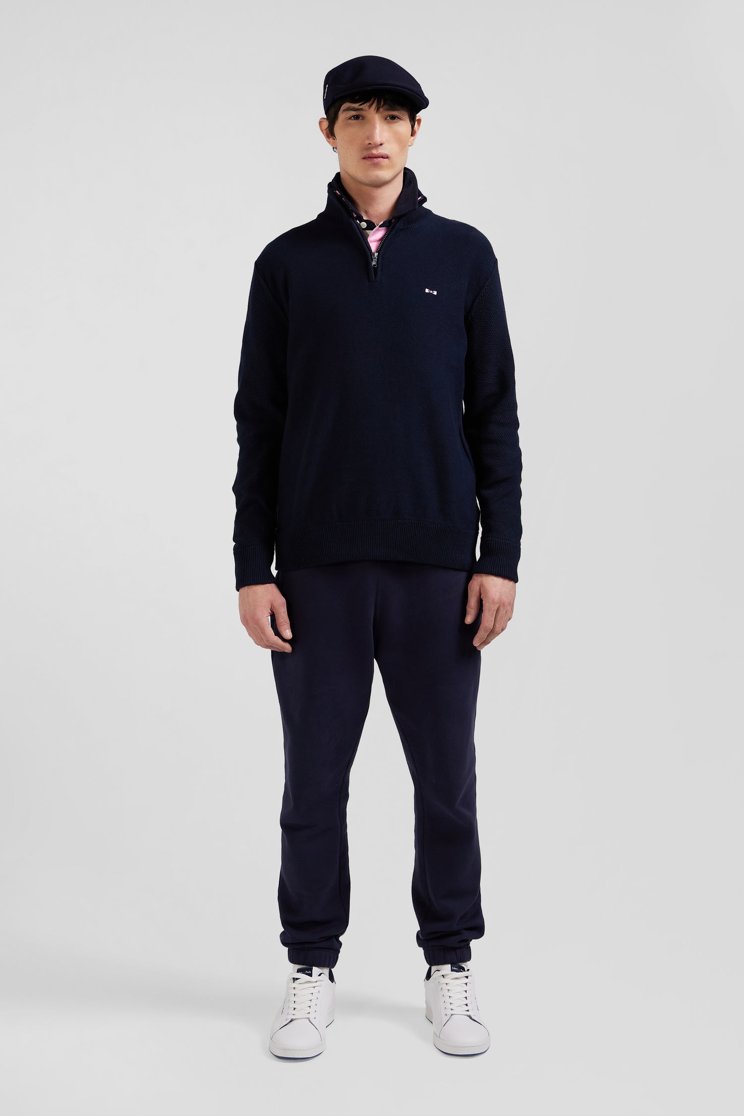 Regular navy blue semi-zipped cotton jumper