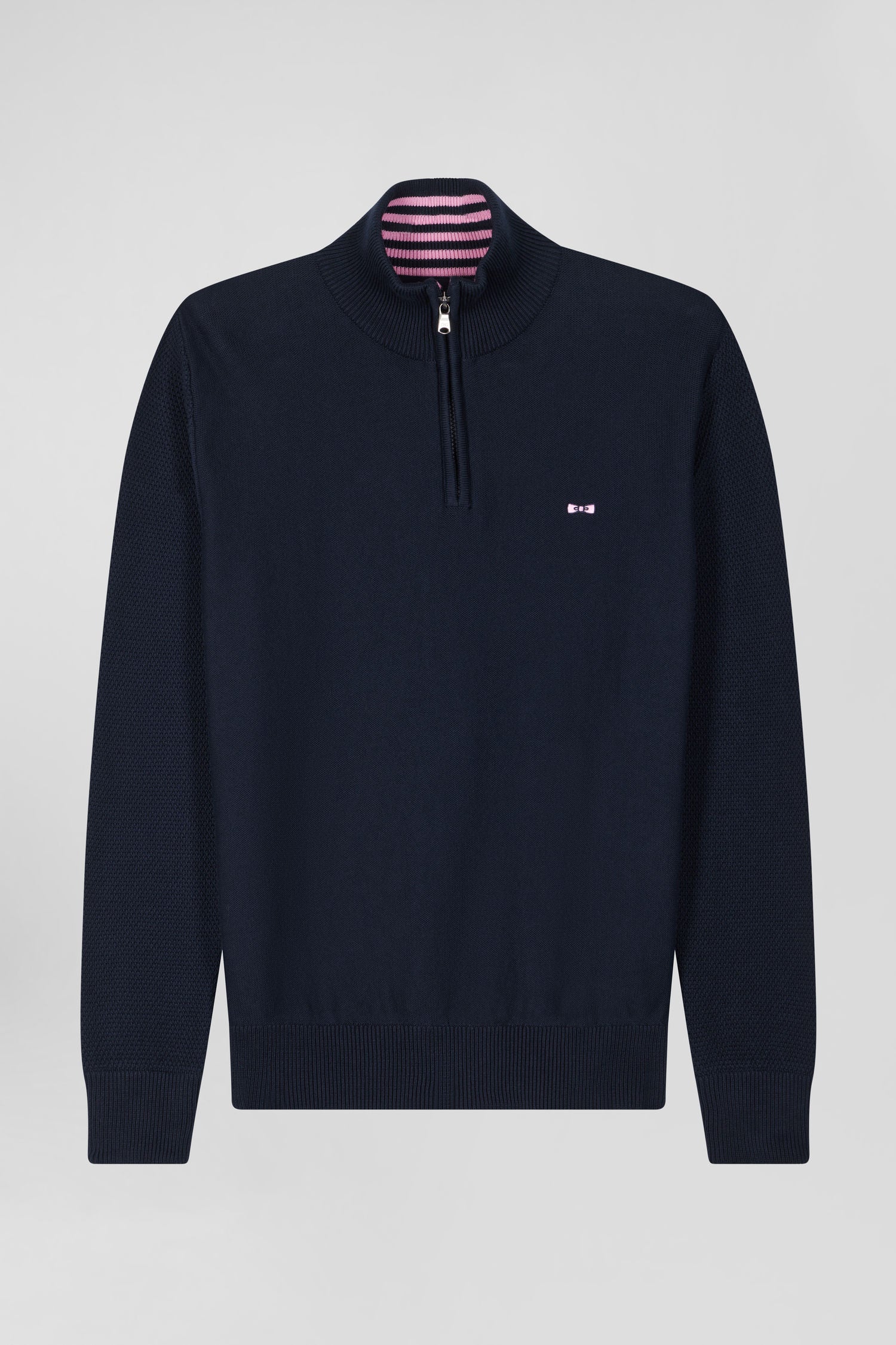 Regular navy blue semi-zipped cotton jumper