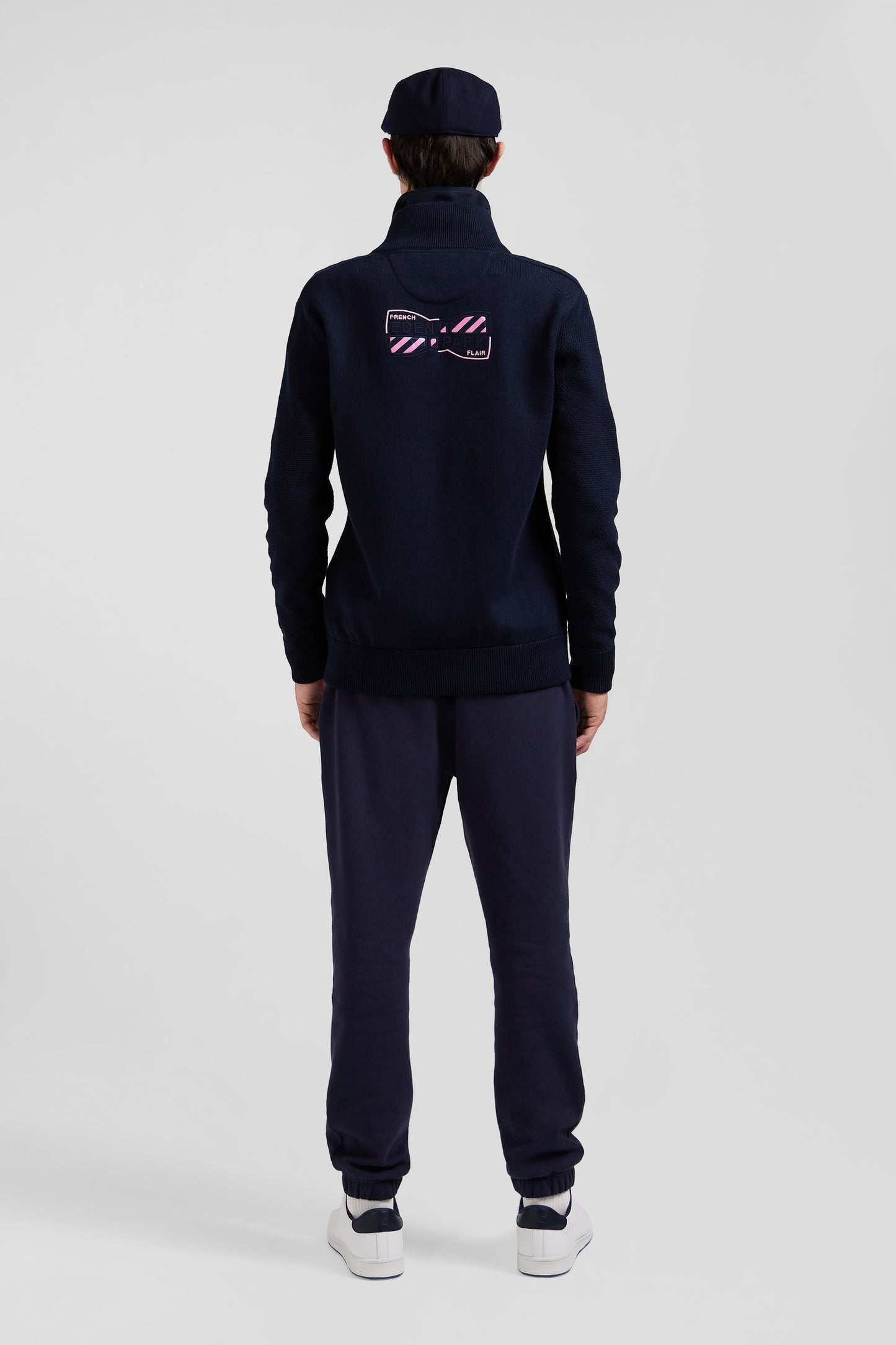 Regular navy blue semi-zipped cotton jumper