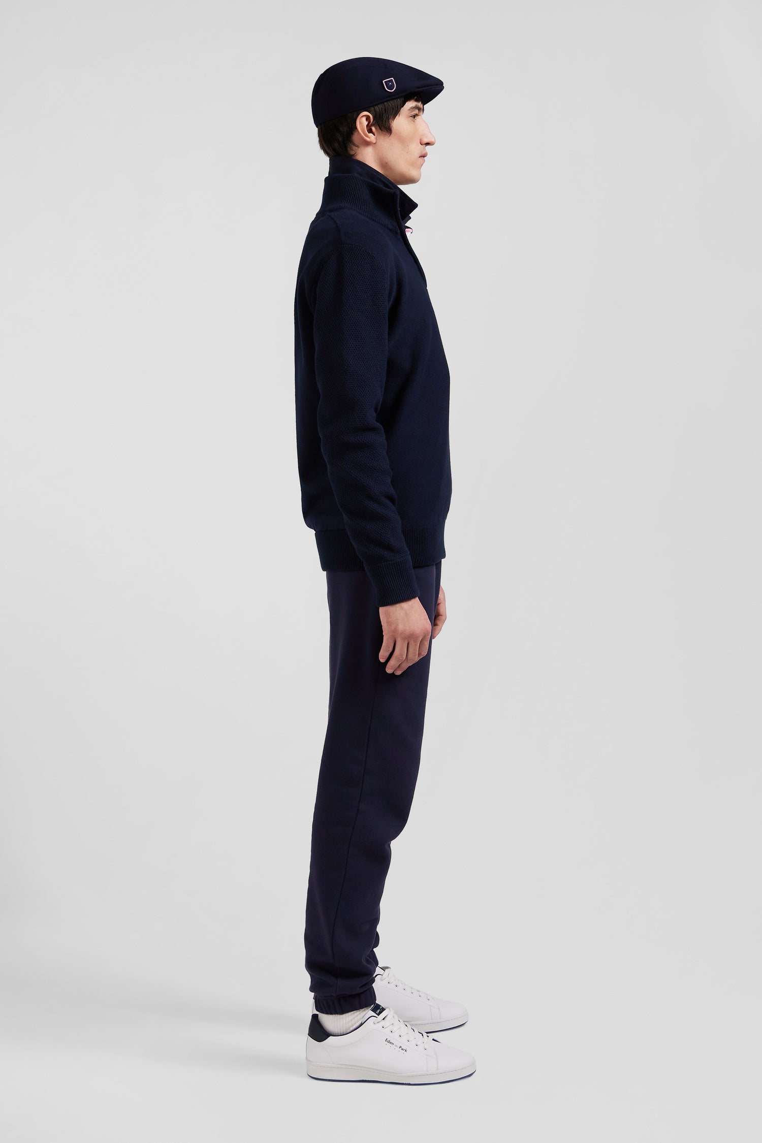 Regular navy blue semi-zipped cotton jumper