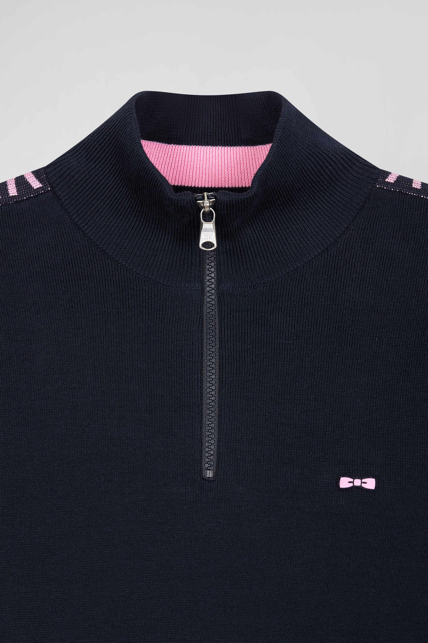 Regular navy semi-zipped cotton jumper with jacquard details