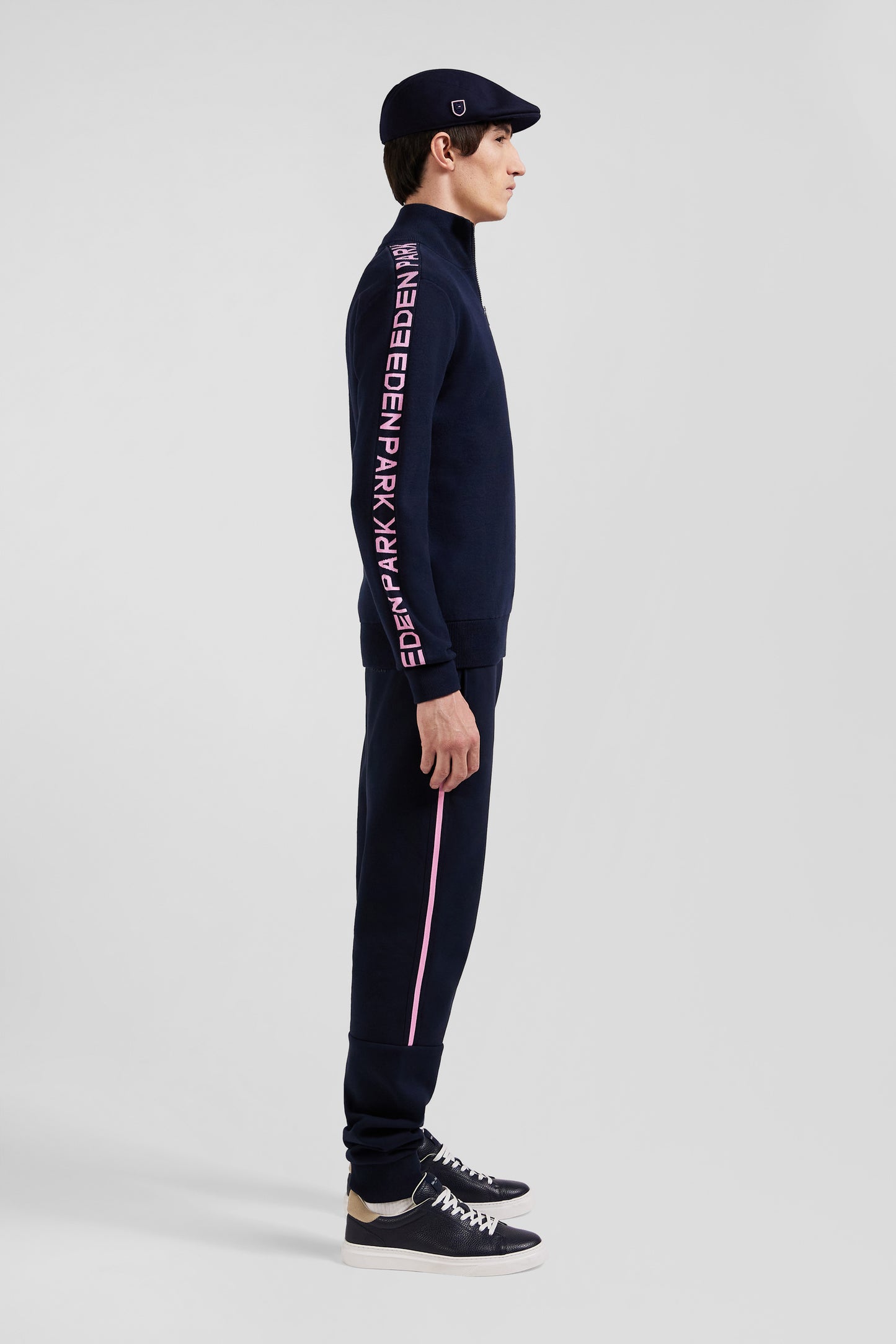 Regular navy semi-zipped cotton jumper with jacquard details