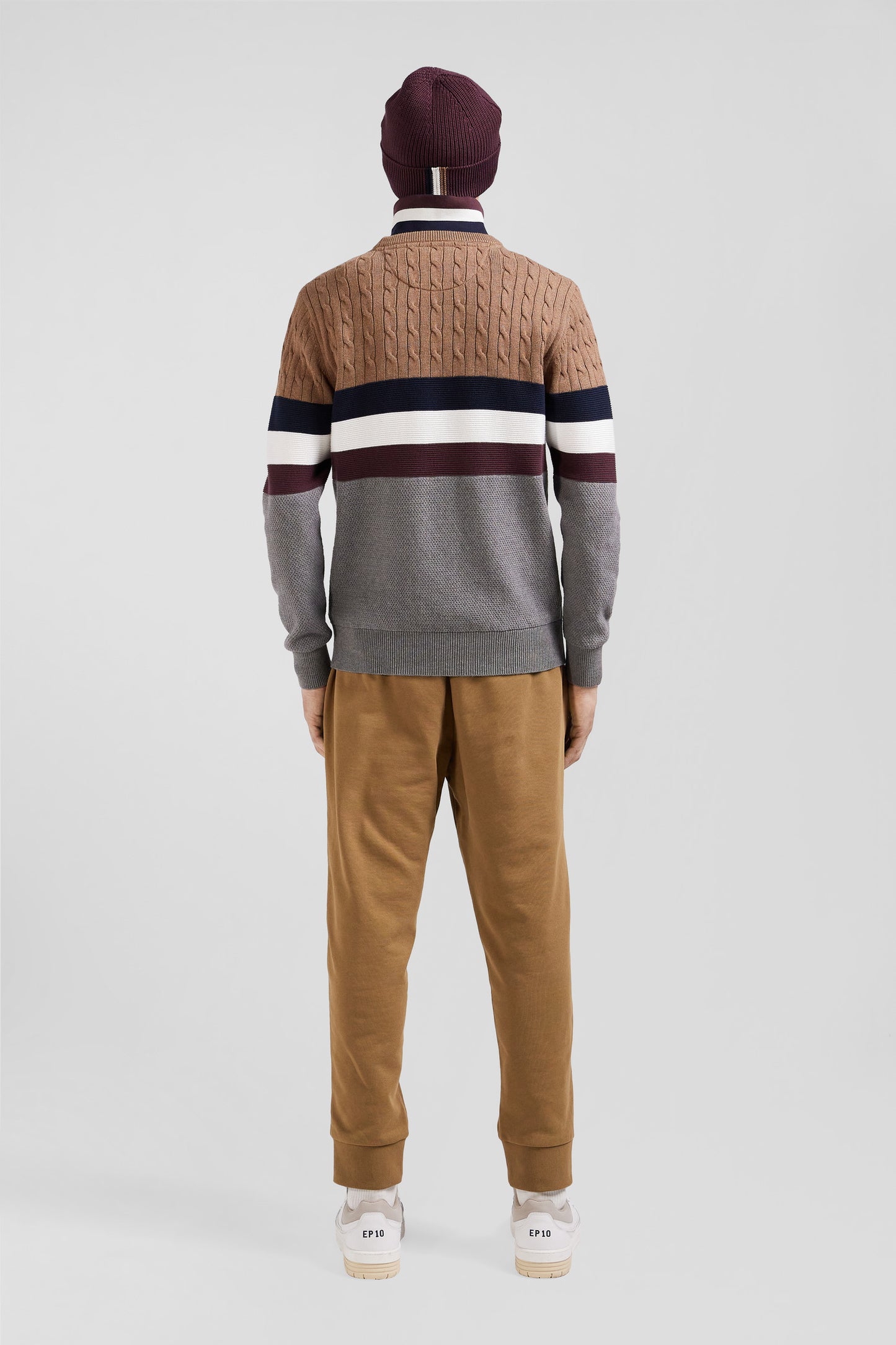 Regular camel fancy knit cotton crew neck jumper