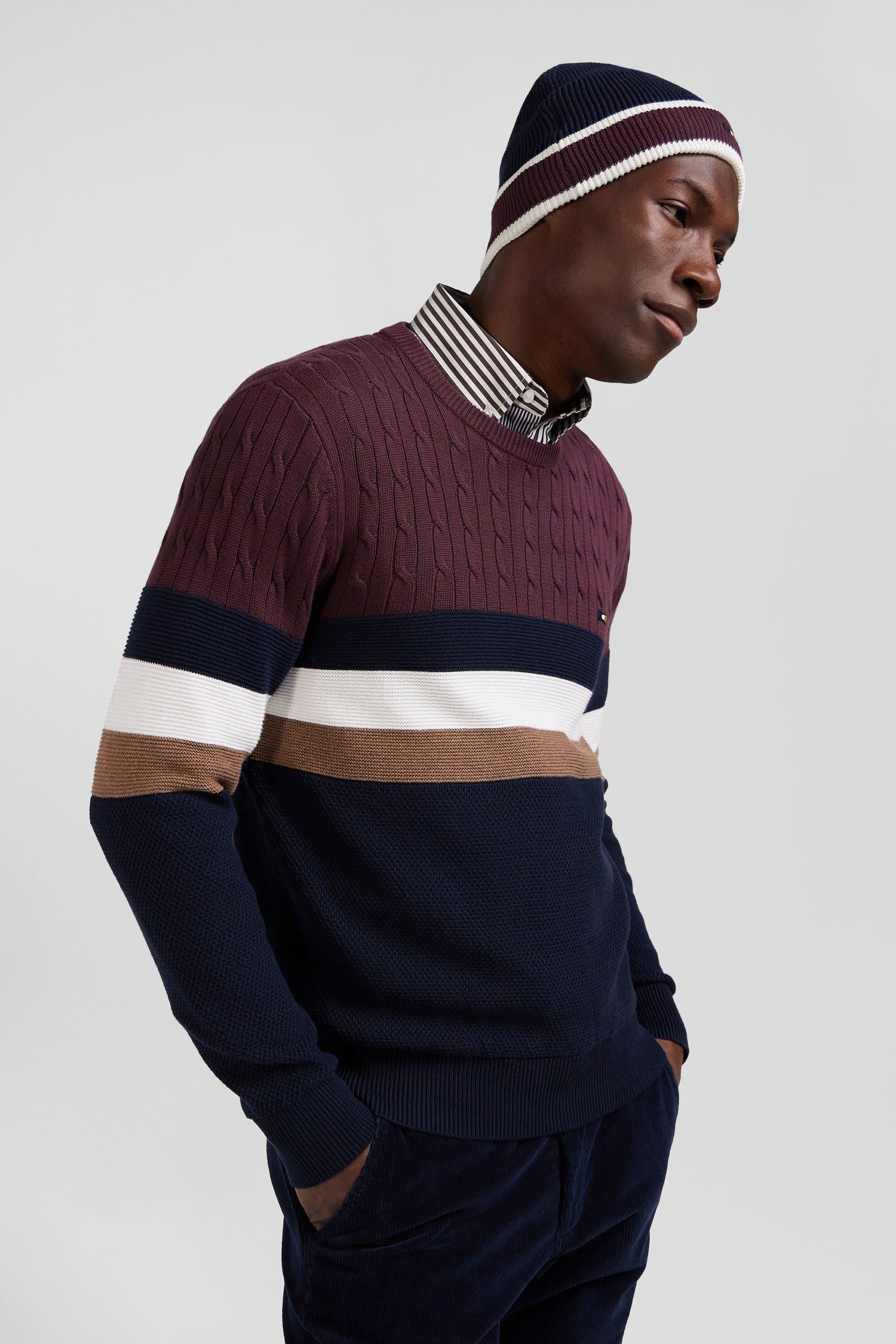 Regular burgundy fancy knit cotton crew neck jumper