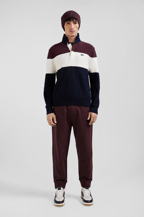 Regular burgundy wool and cotton jumper with knit patterns and rugby shirt collar - Image 1
