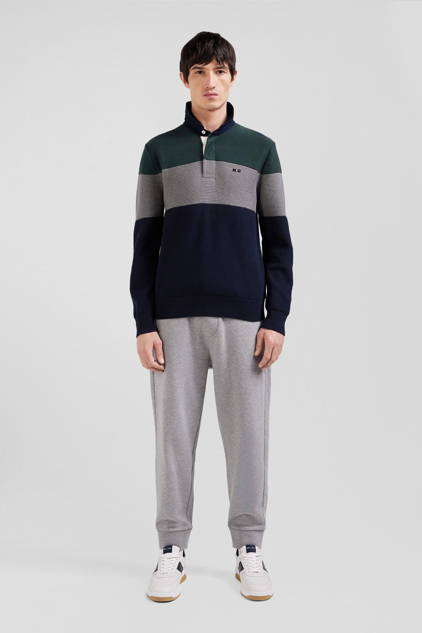 Regular green wool and cotton jumper with knit patterns and rugby shirt collar