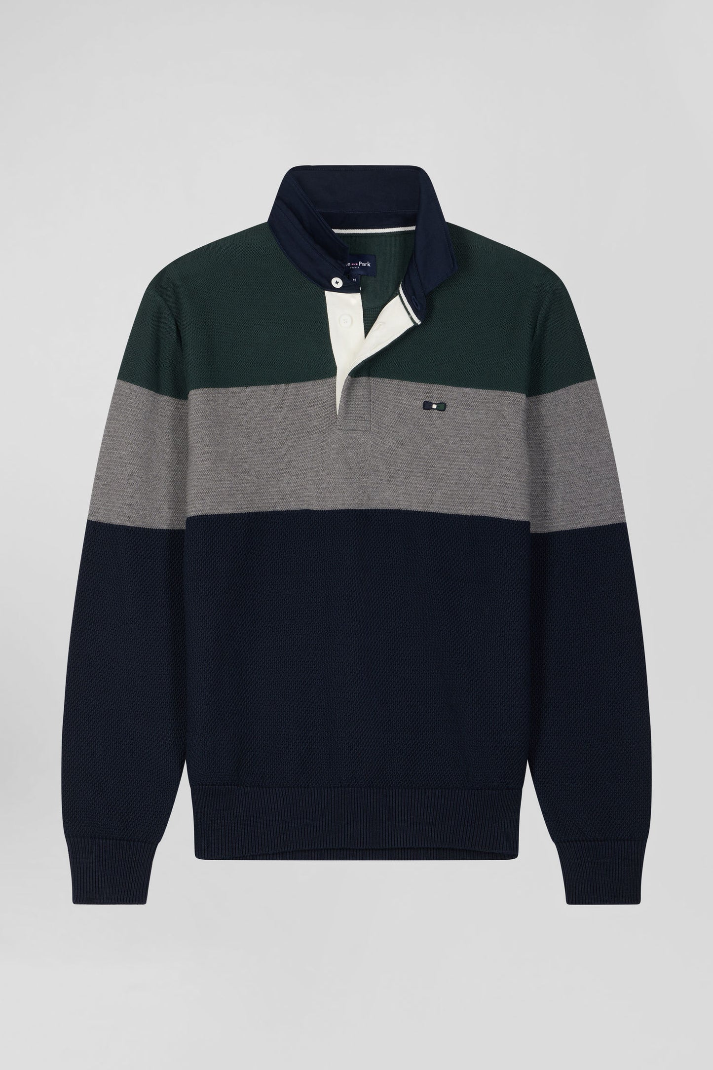 Regular green wool and cotton jumper with knit patterns and rugby shirt collar