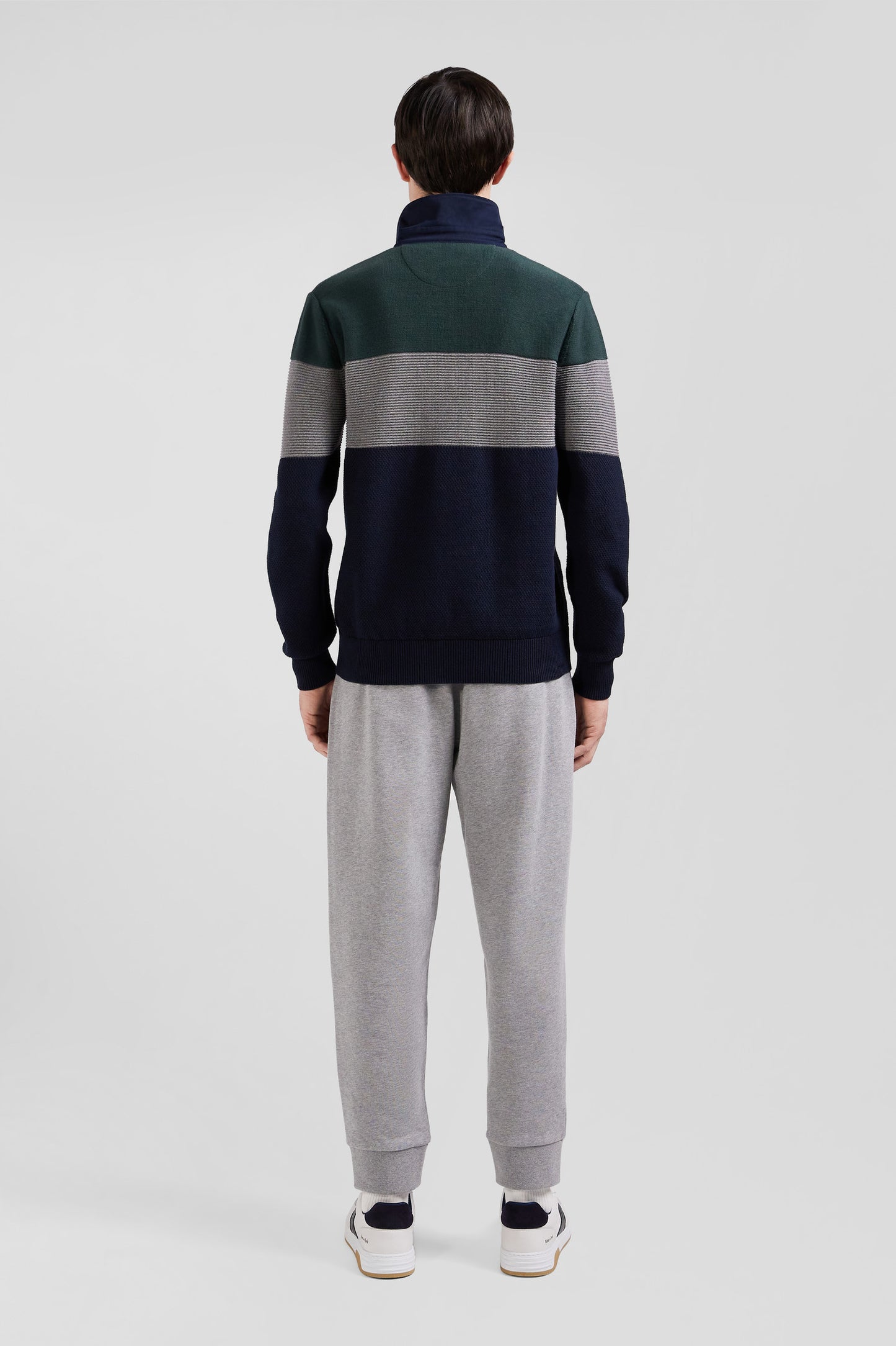 Regular green wool and cotton jumper with knit patterns and rugby shirt collar