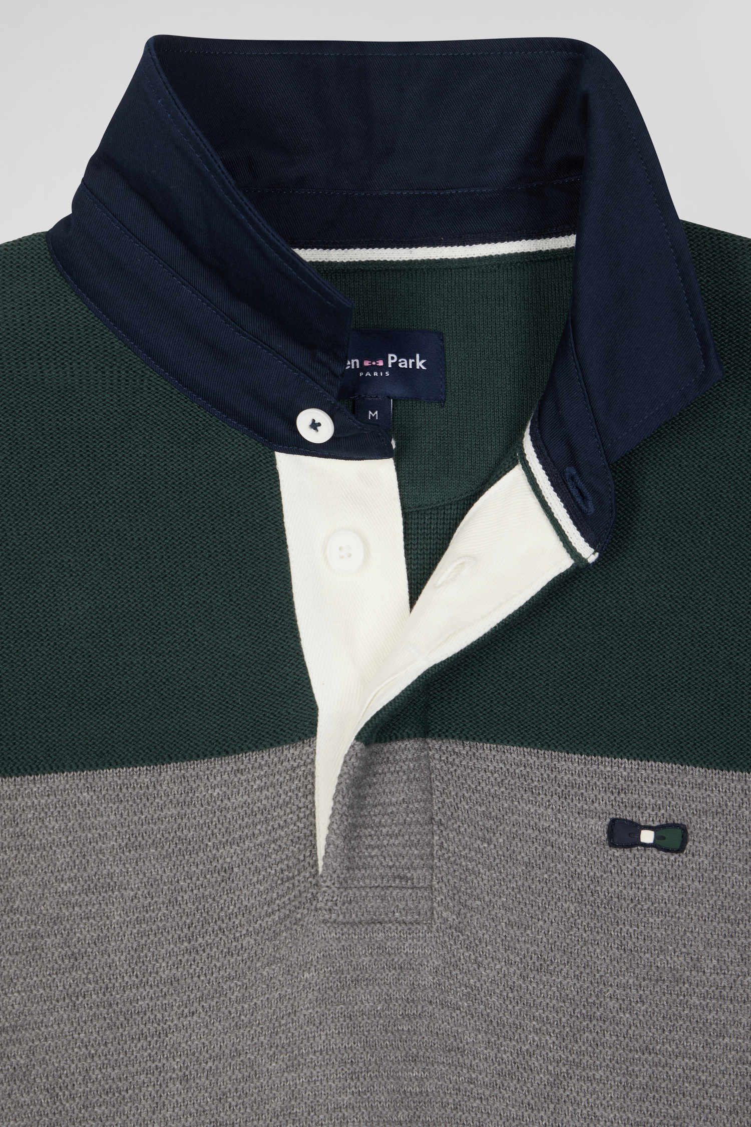 Regular green wool and cotton jumper with knit patterns and rugby shirt collar