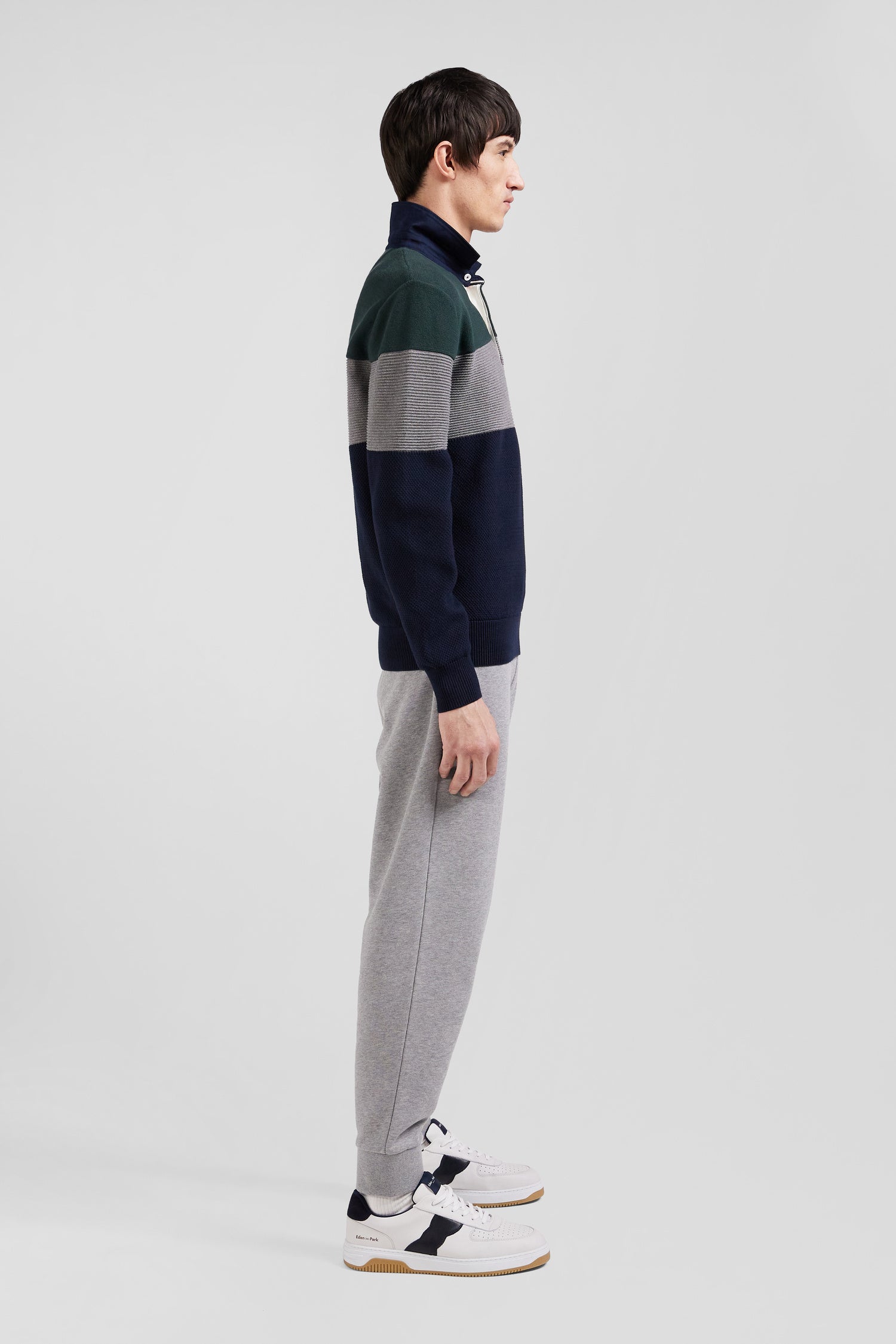 Regular green wool and cotton jumper with knit patterns and rugby shirt collar