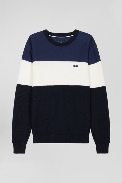Regular navy and blue cotton crew neck jumper with knit patterns - Image 2