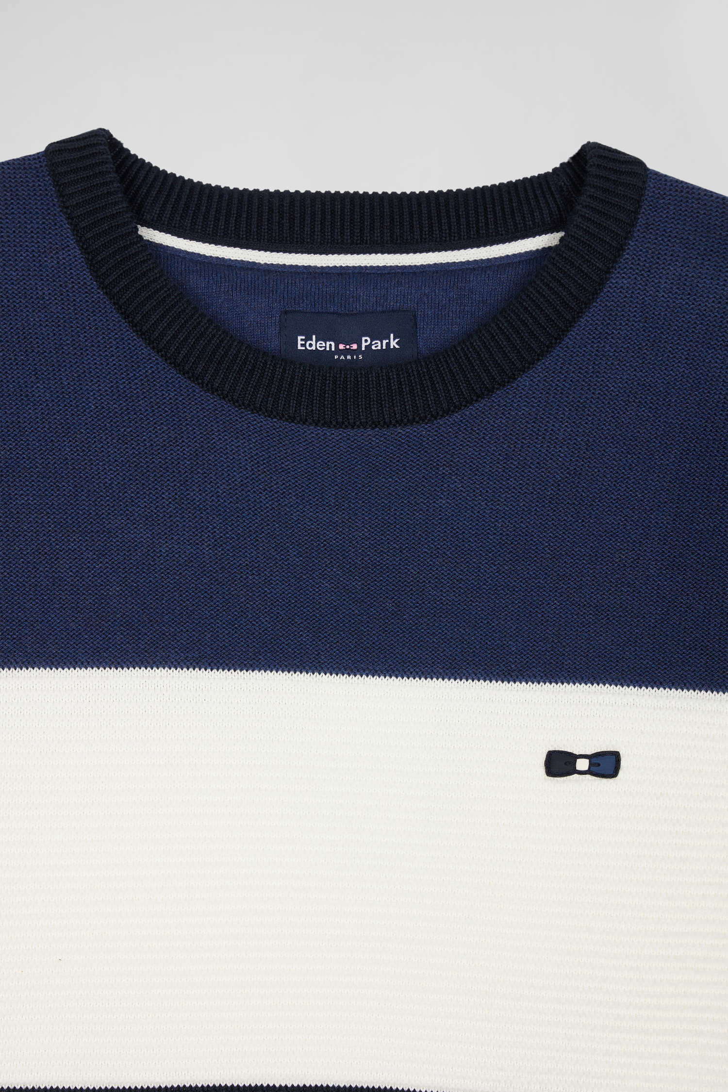 Pull col rond en coton bleu marine et bleu à jeux de maille coupe Regular