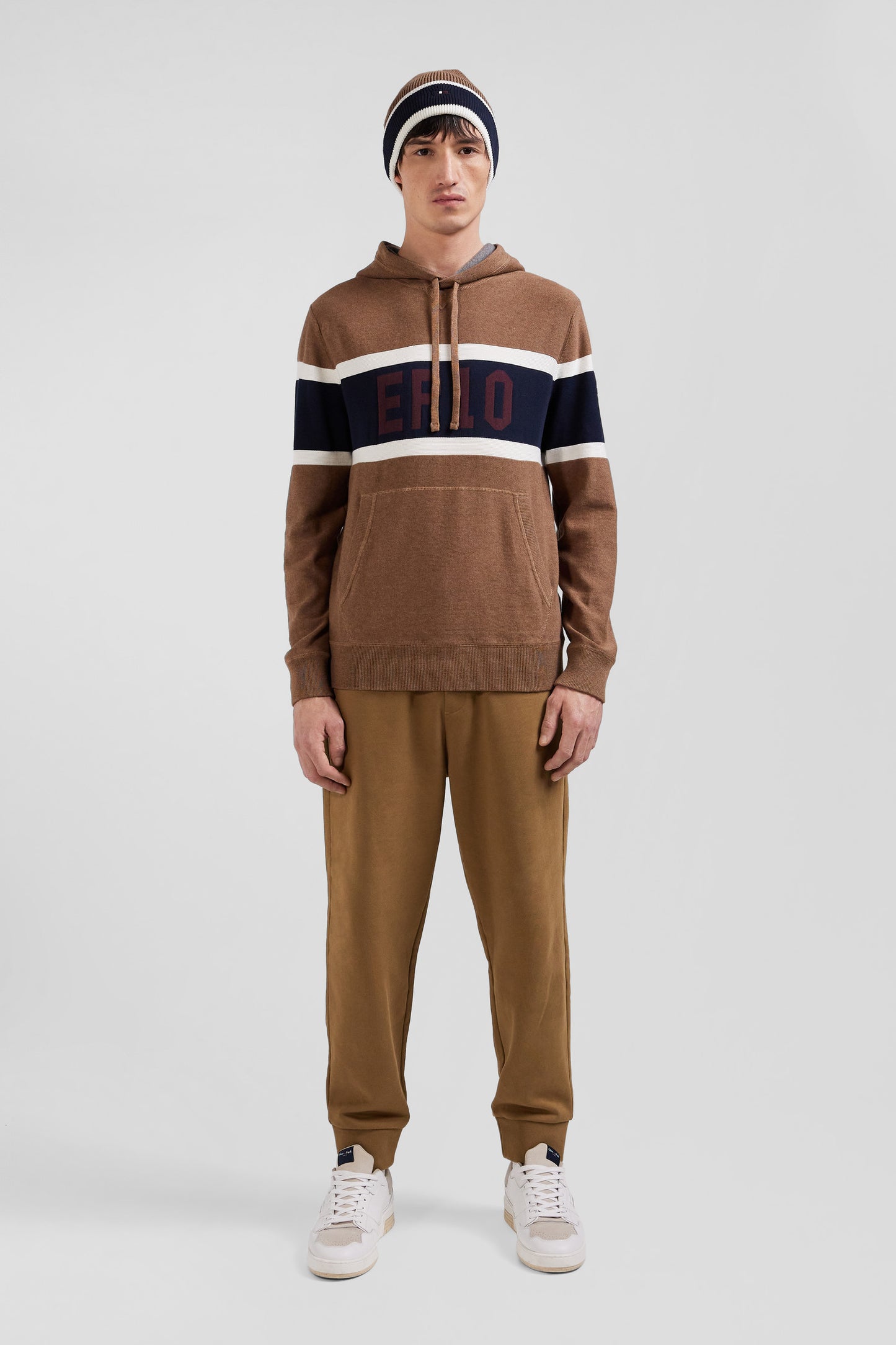 Regular camel cotton hooded jumper with EP10 jacquard