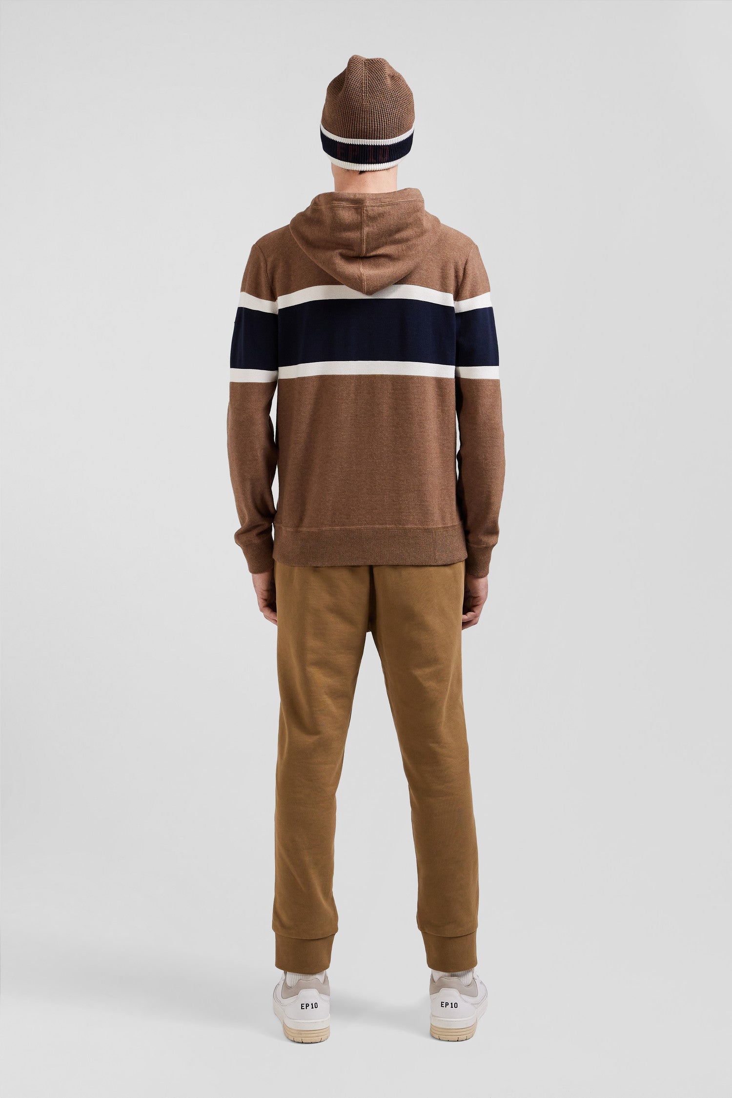 Regular camel cotton hooded jumper with EP10 jacquard