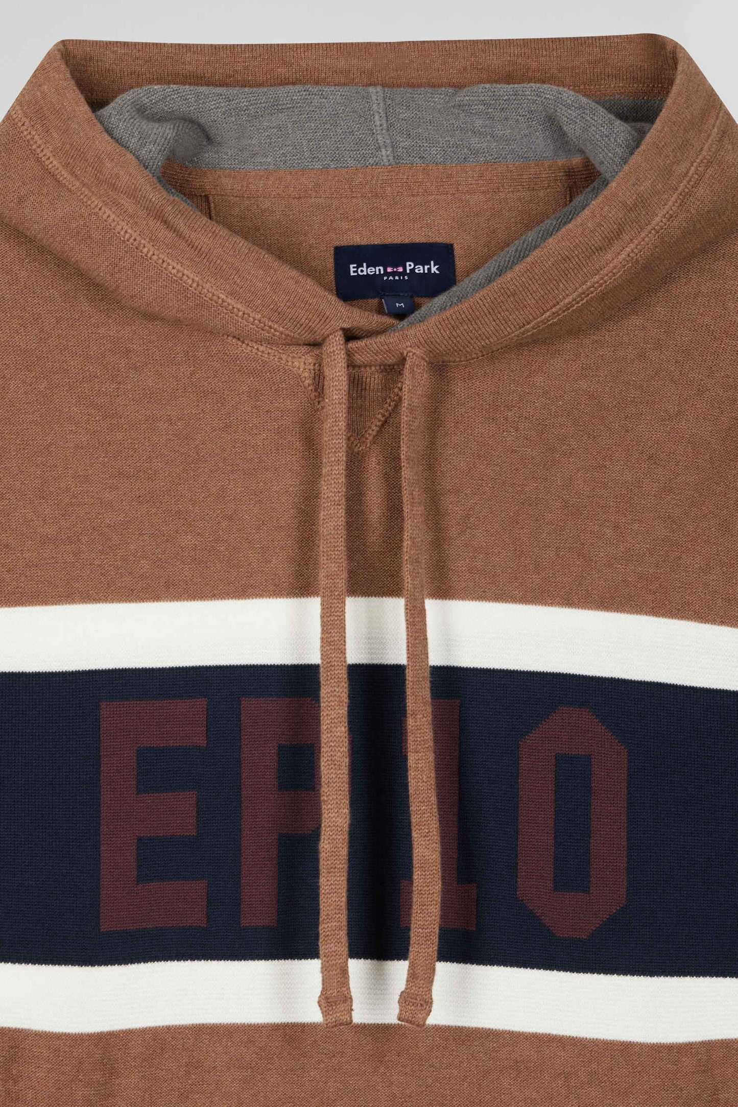 Regular camel cotton hooded jumper with EP10 jacquard