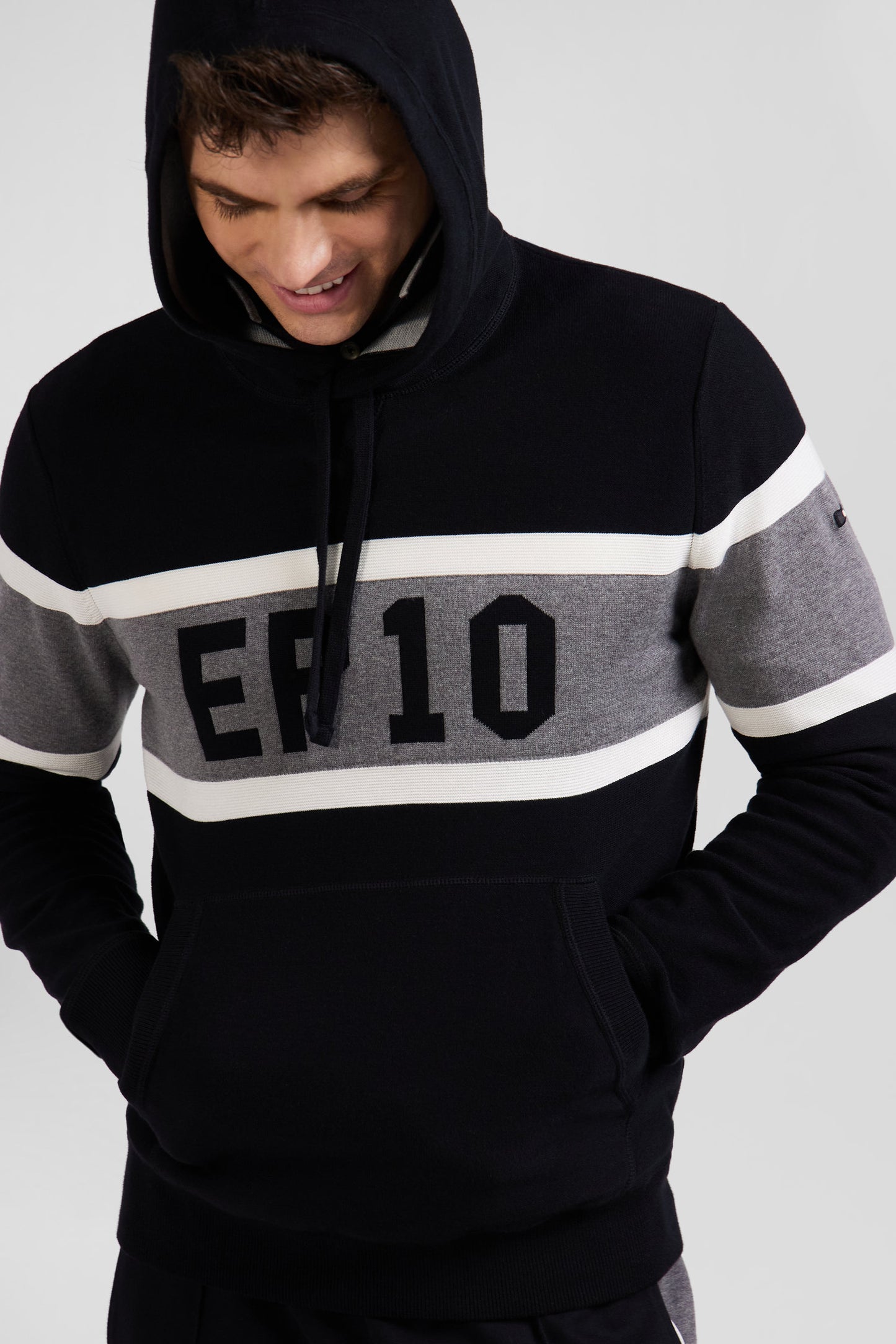 Regular black hooded jumper with EP10 jacquard