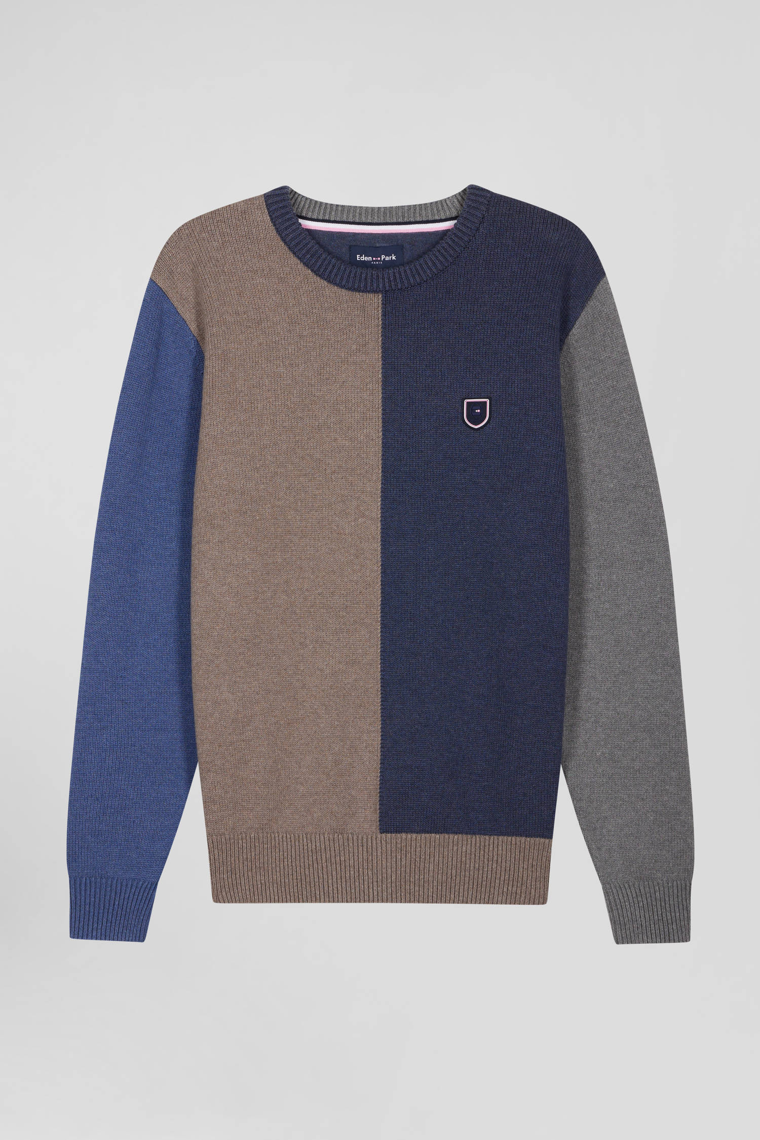 Pull col rond colorblock en coton bleu chiné et marron coupe Regular