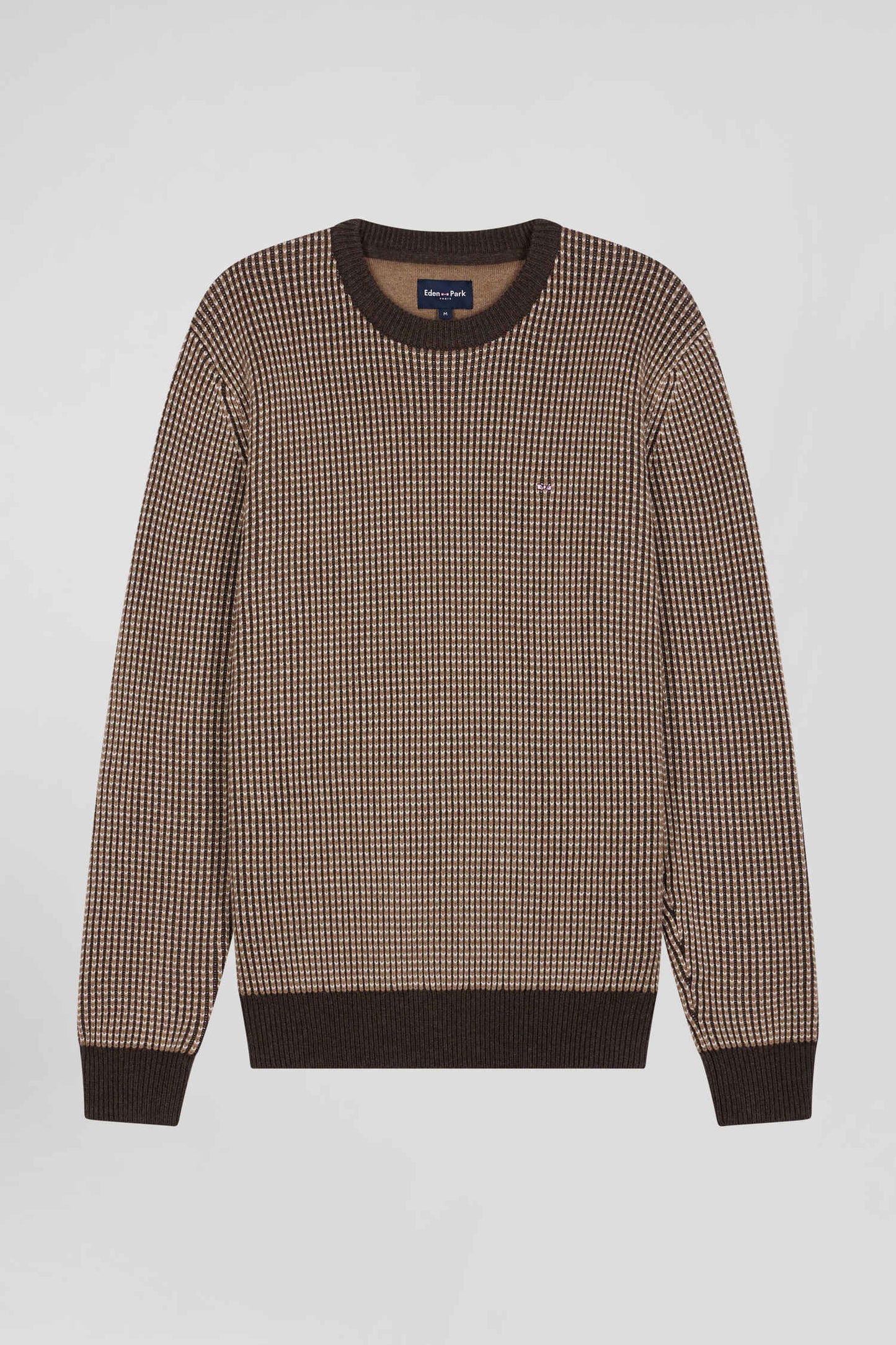 Pull col rond en laine et coton marron coupe Regular