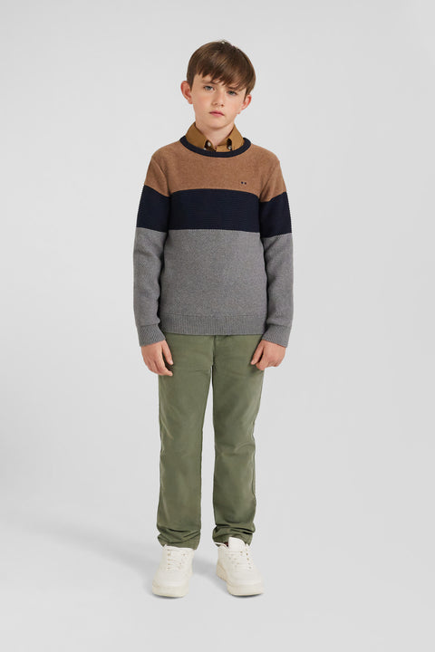 Three-tone round-neck sweater in hazelnut cotton, regular fit - Image 1