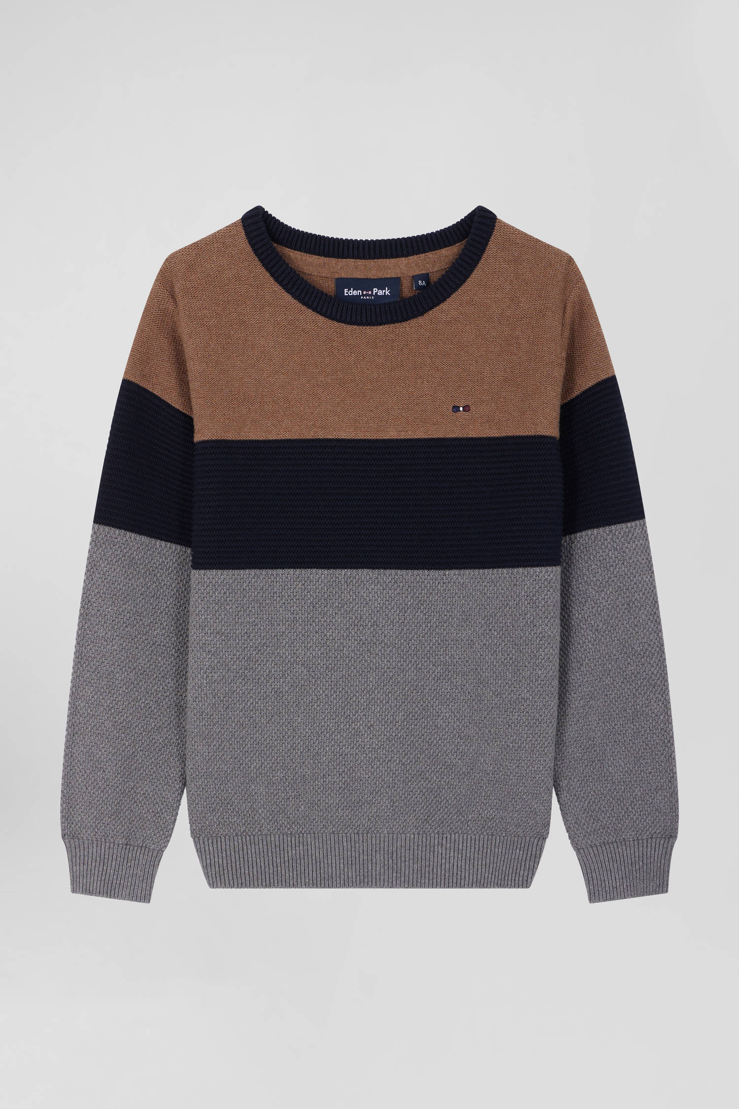 Pull col rond tricolore en coton camel coupe Regular