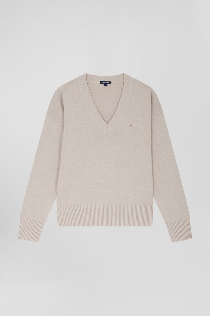 Pull col V en laine et coton beige coupe Relaxed