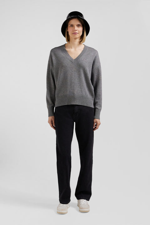 Pull col V en laine et coton gris anthracite coupe Relaxed - Image 1