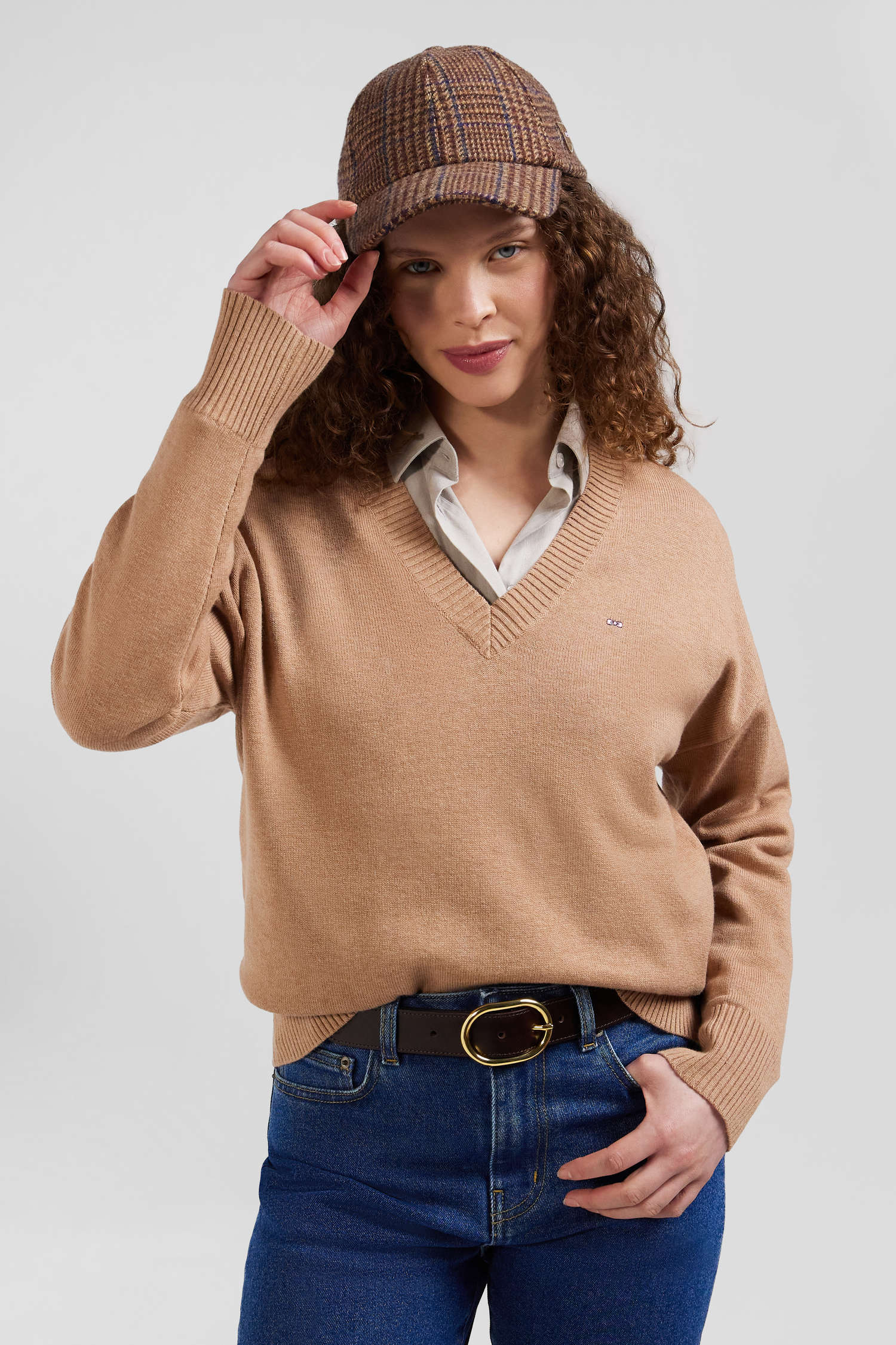 Pull col V en laine et coton camel coupe Relaxed