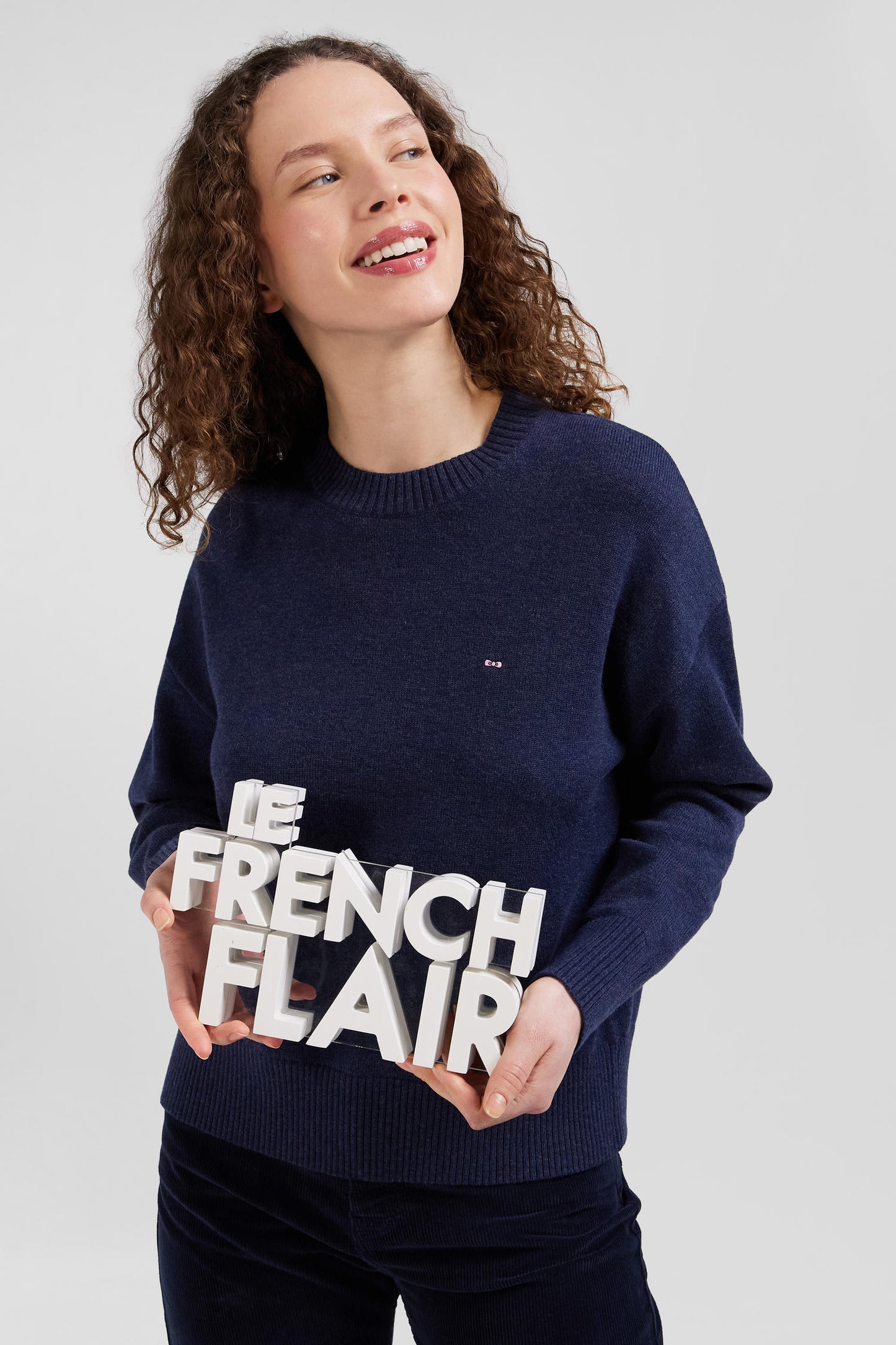 Pull col rond en laine et coton bleu marine coupe Relaxed