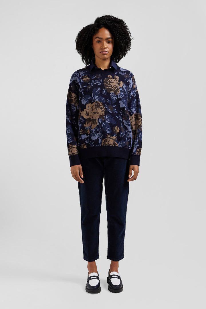 Pull col rond en laine et coton marine à motifs floraux coupe Oversized