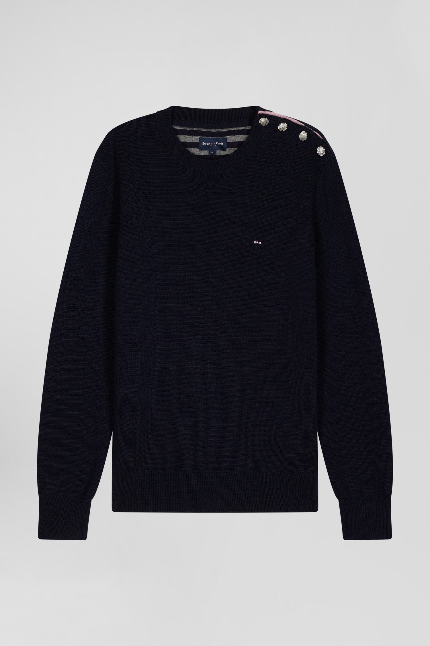 Regular navy blue crew neck jumper with shoulder buttons