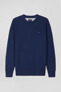 Pull col rond uni en coton bleu foncé coupe Regular