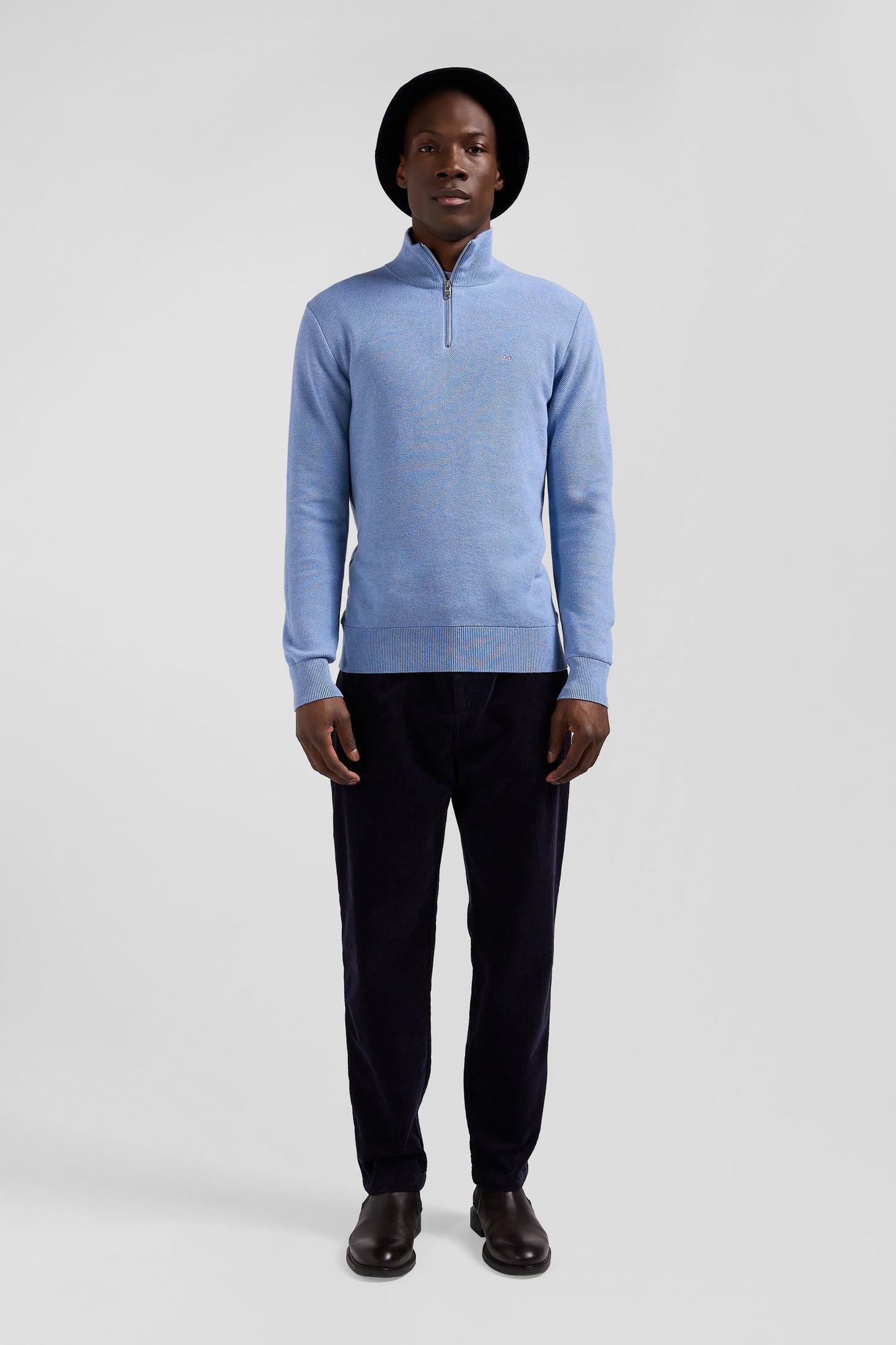 Regular sky blue cotton semi-zipped jumper