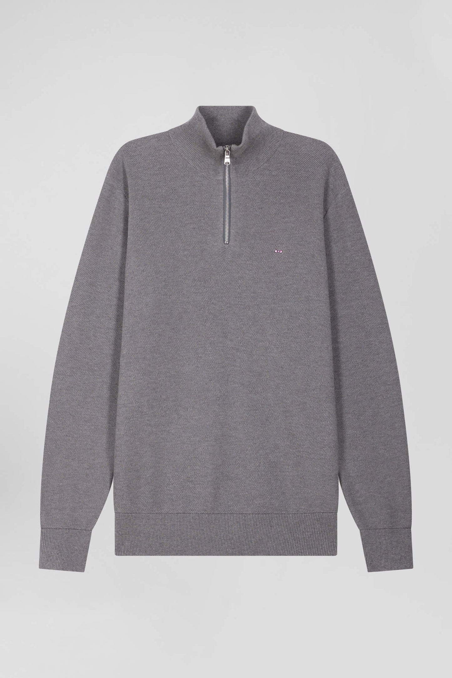 Pull col camionneur zippé uni en coton gris coupe Regular