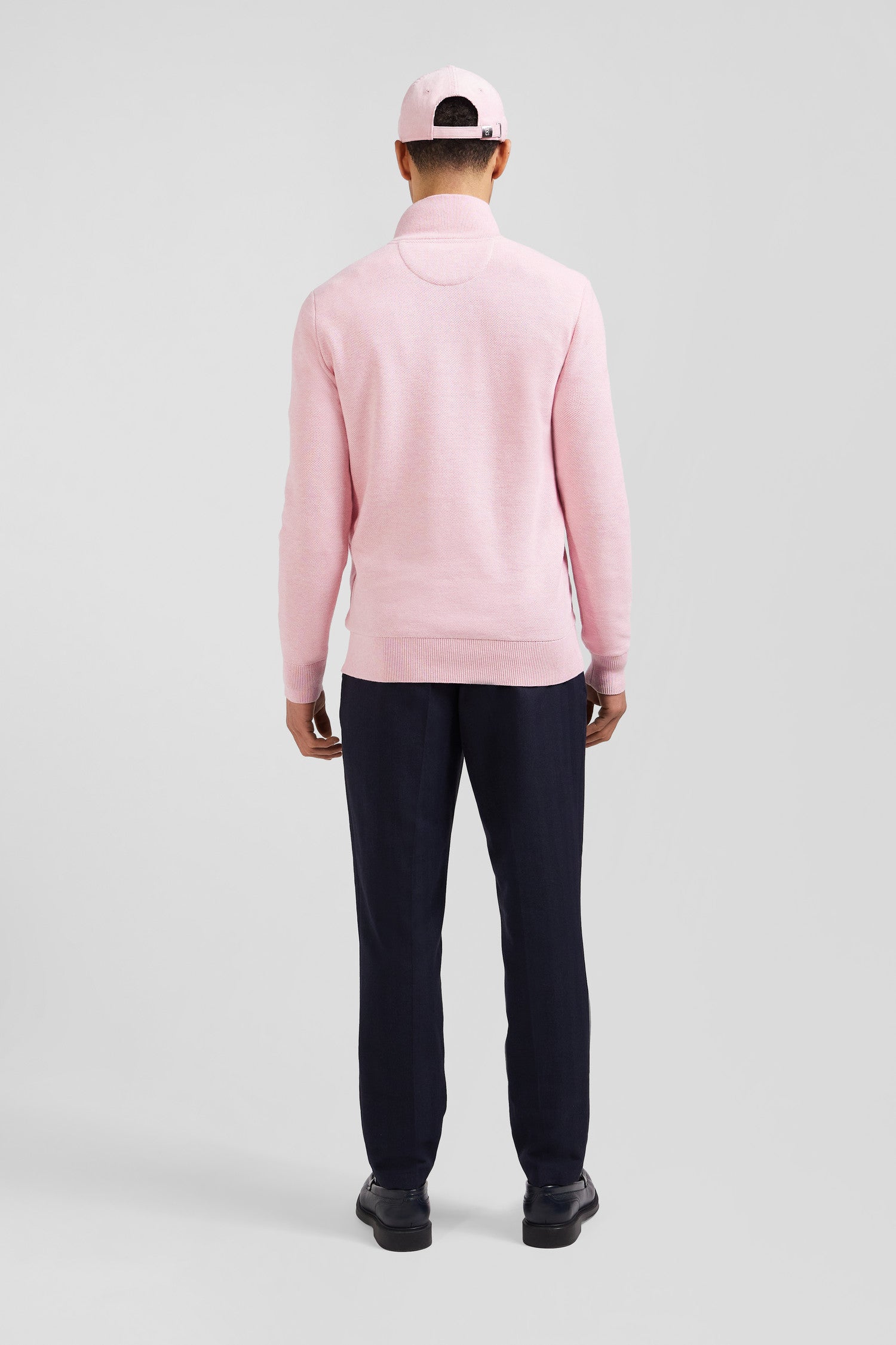 Pull col camionneur zippé uni en coton rose coupe Regular