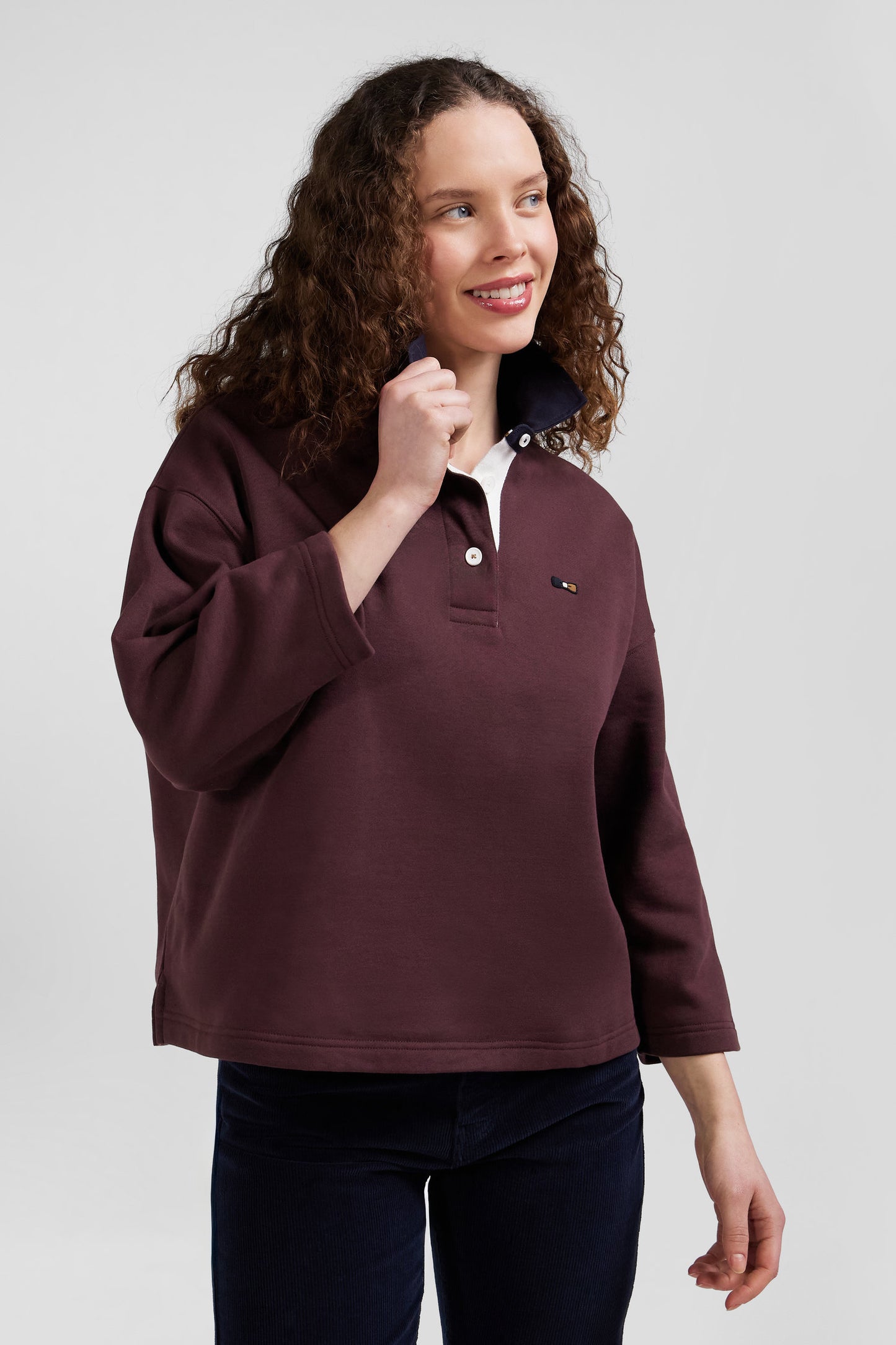 Relaxed burgundy cotton sweatshirt with rugby shirt collar