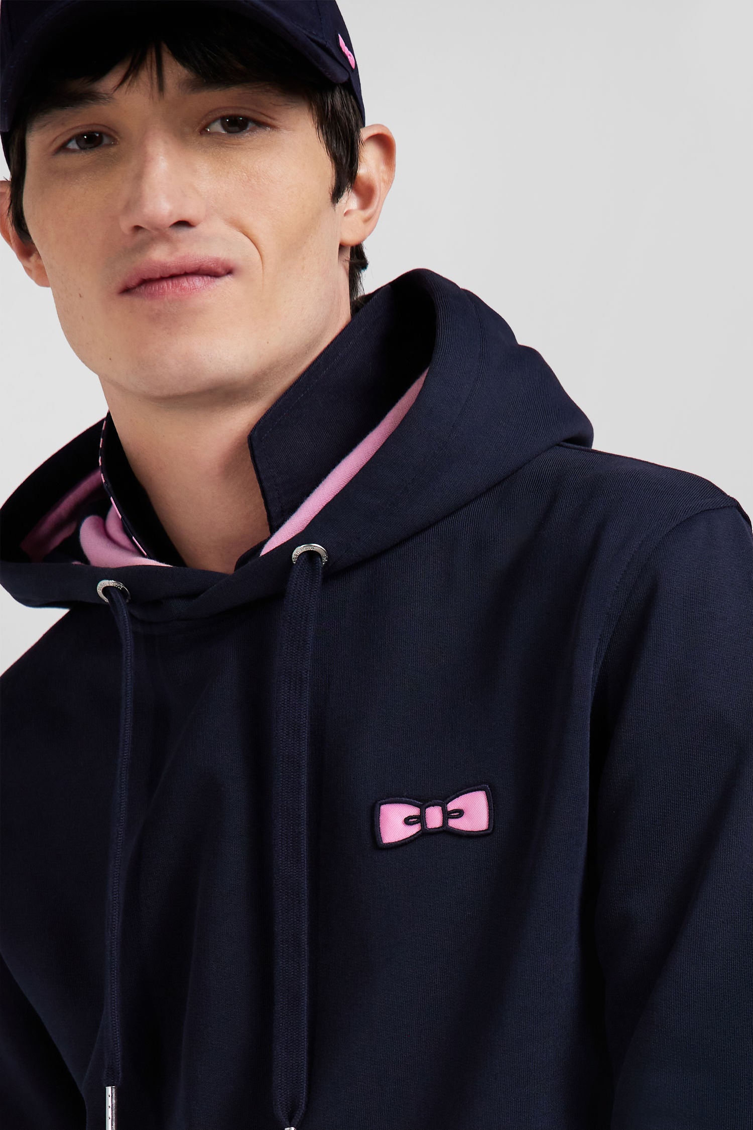 Regular navy brushed cotton fleece hoodie with Eden Park embroidery