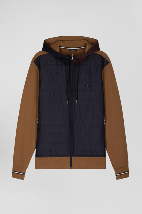 Two-material zip-up sweatshirt with quilted trim in hazelnut and navy Regular fit - Image 2