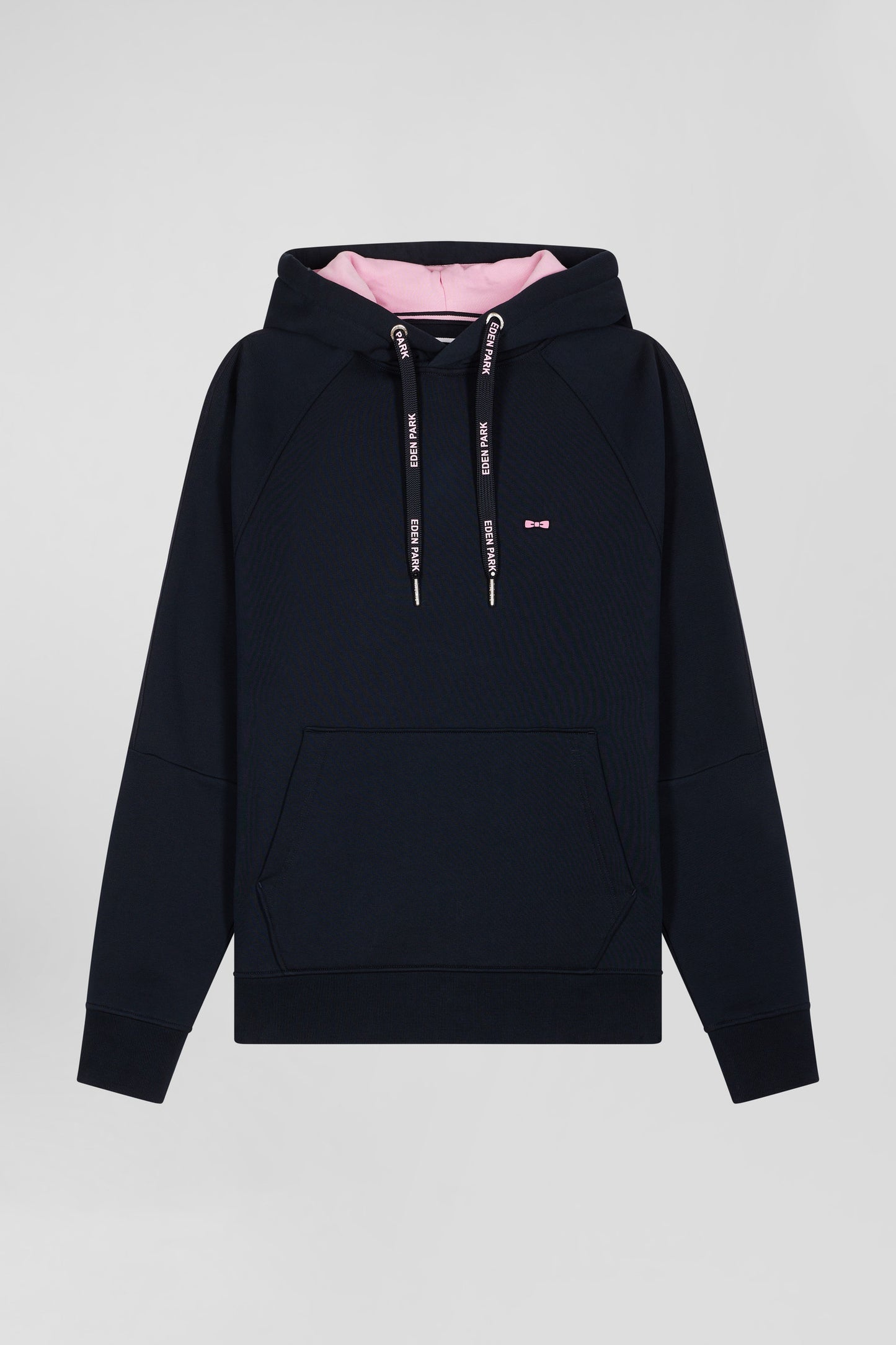 Relaxed navy blue fleece hoodie with branded drawstrings